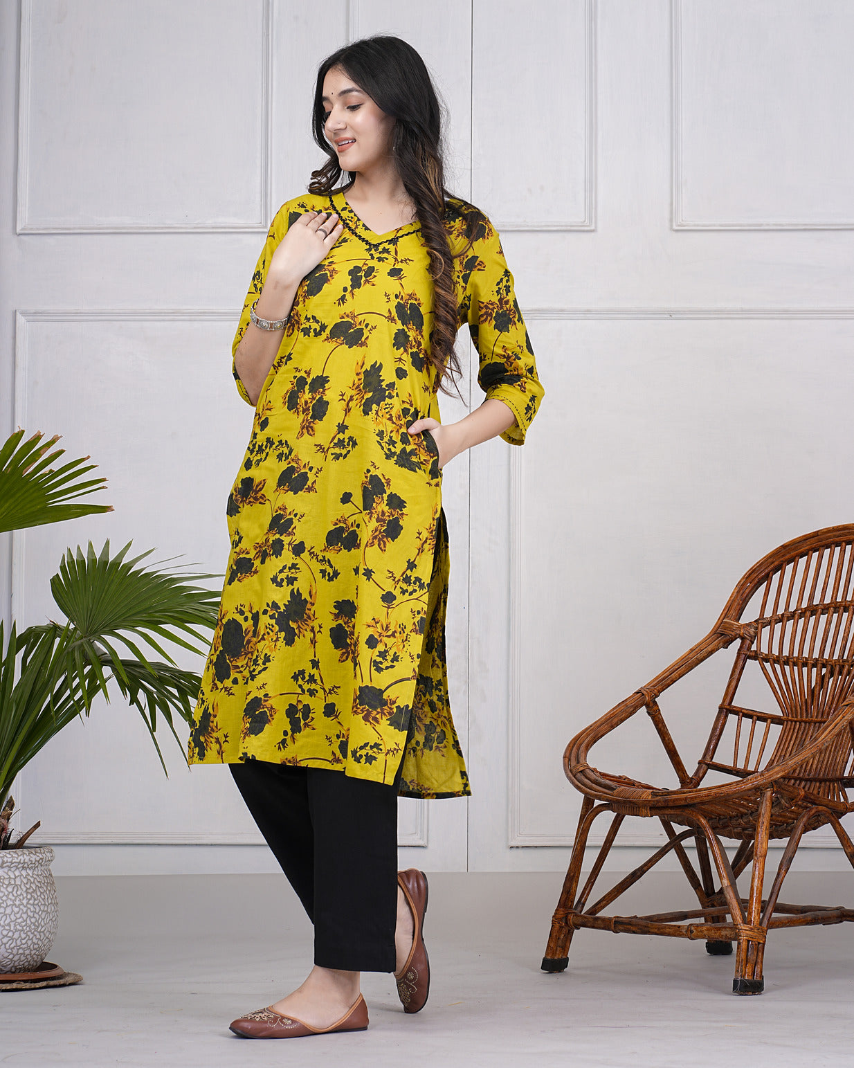 Parrot Green Abstract Floral Print With Neck Embroidery Cotton Kurti