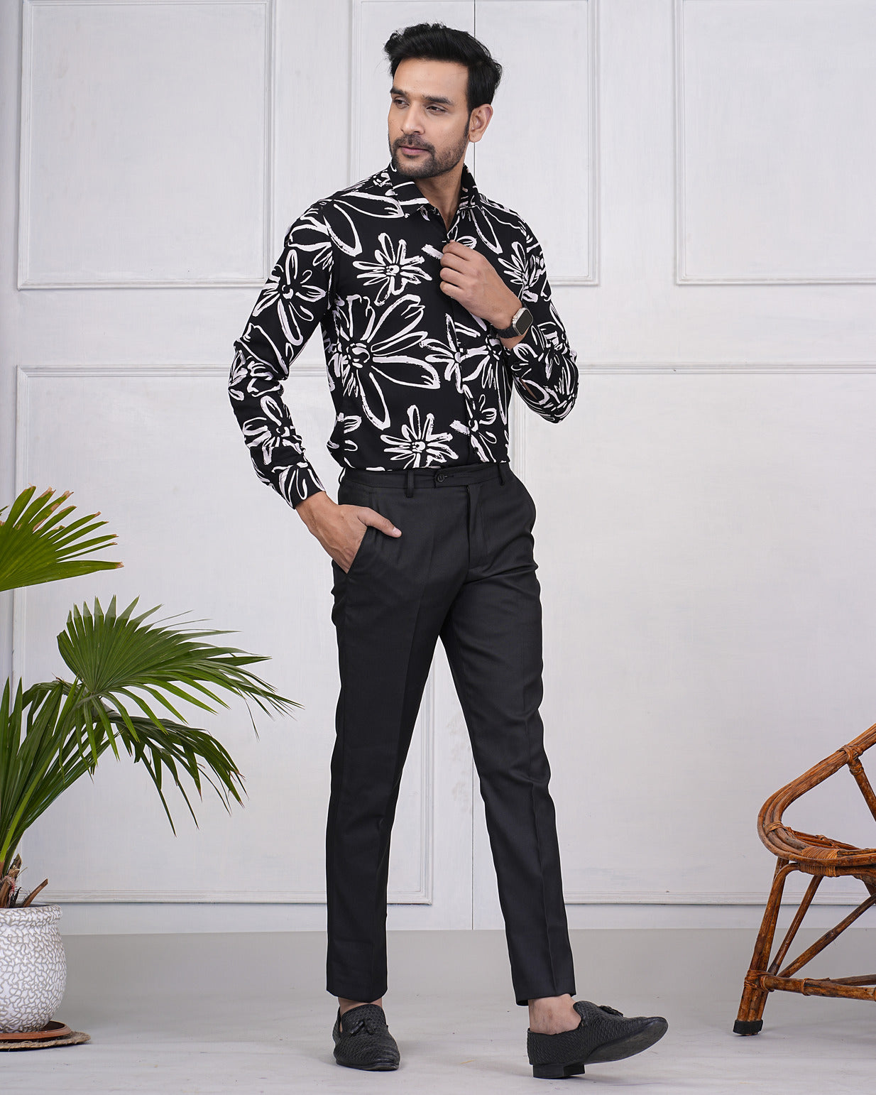 Black With White Rayon Fabric Regular Fit Men's Shirt