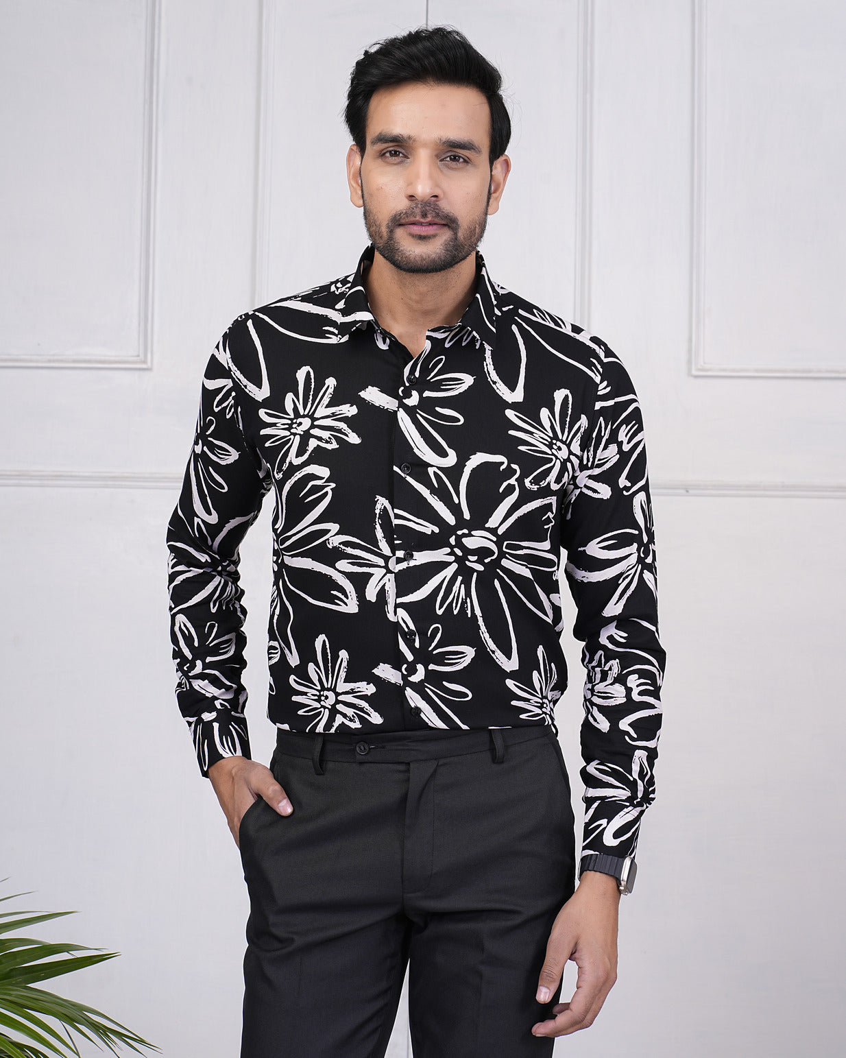 Black With White Rayon Fabric Regular Fit Men's Shirt