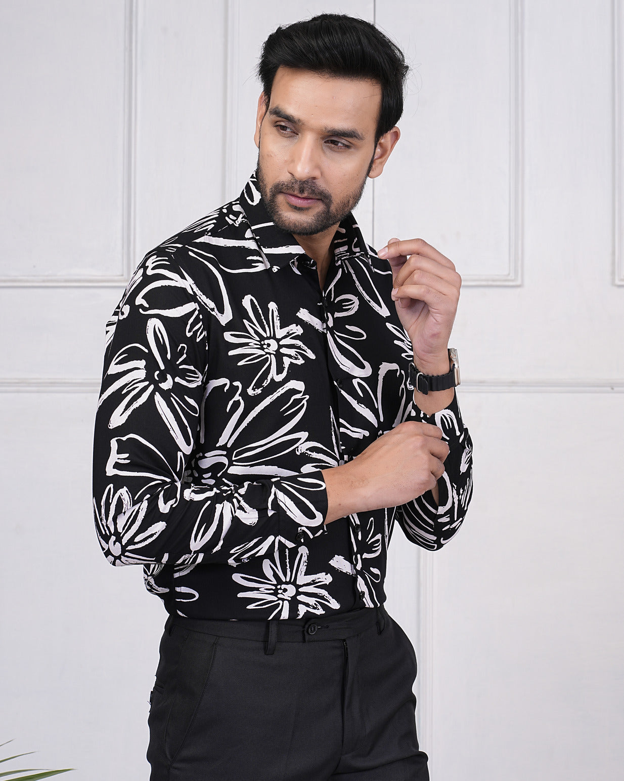 Black With White Rayon Fabric Regular Fit Men's Shirt