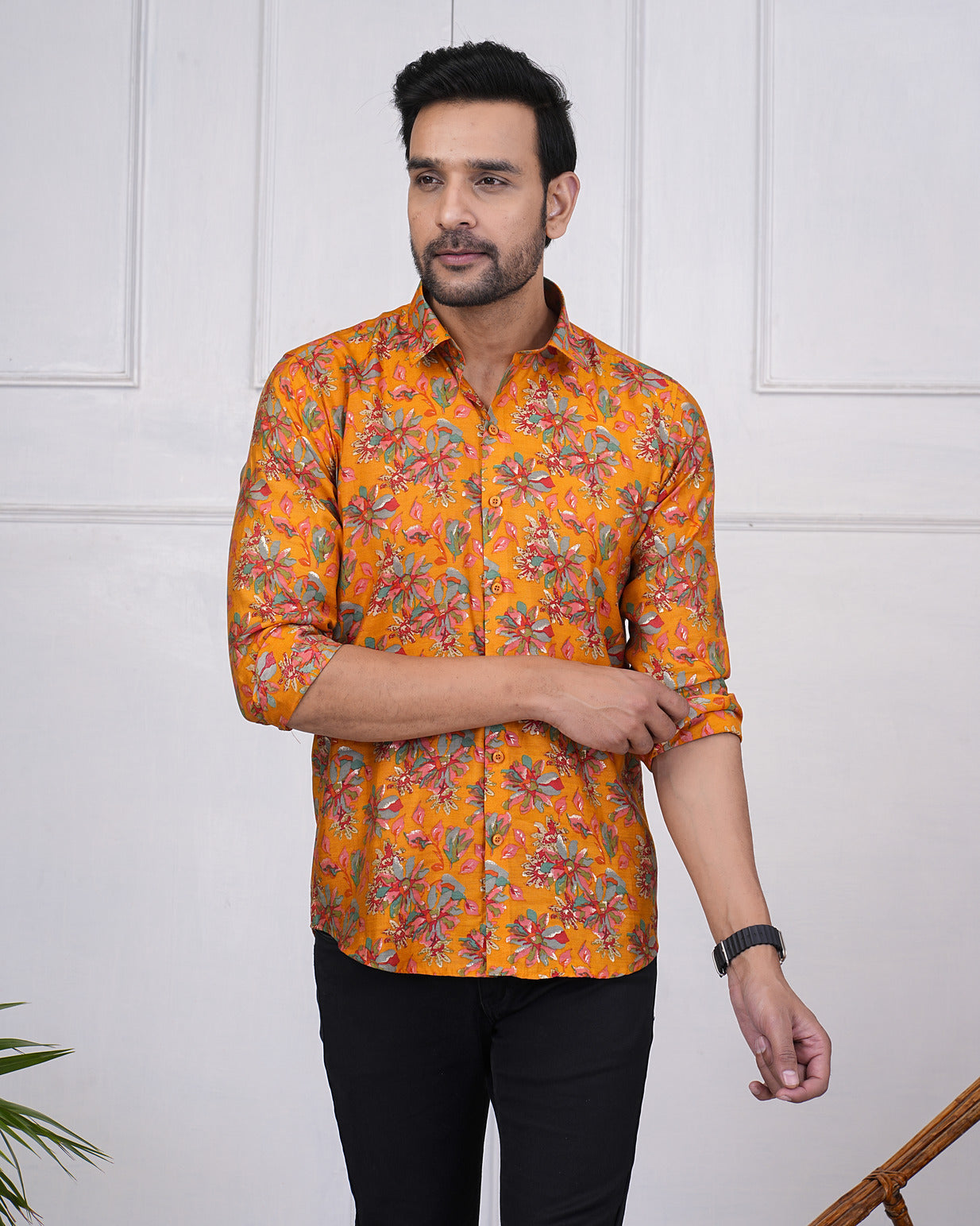 Turmeric With Gold Printed Floral Maslin Men's Shirt