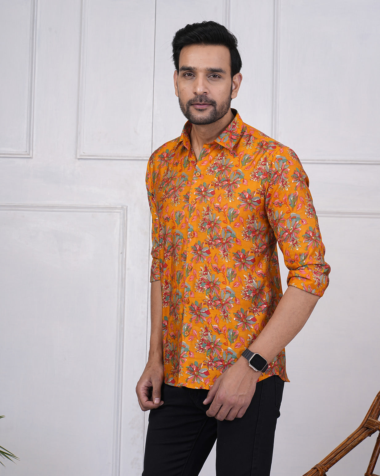 Turmeric With Gold Printed Floral Maslin Men's Shirt