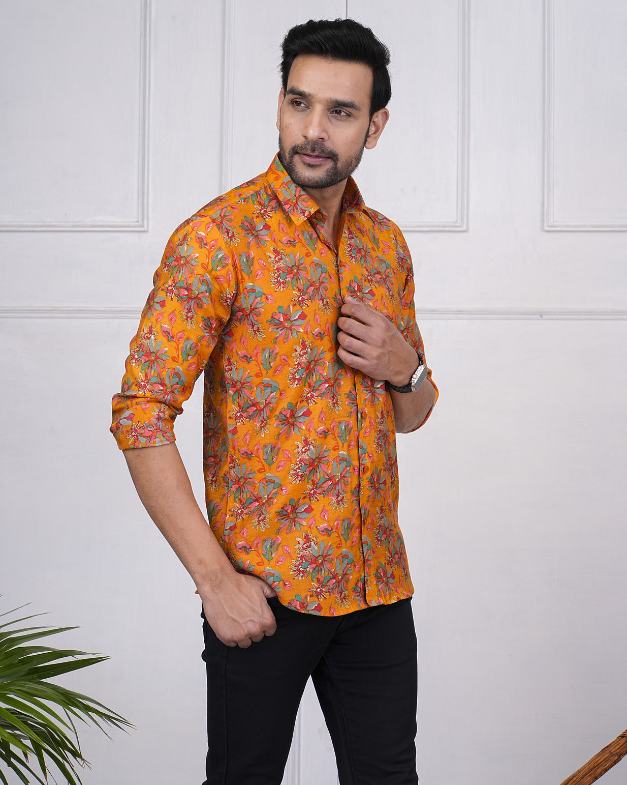 Turmeric With Gold Printed Floral Maslin Men's Shirt