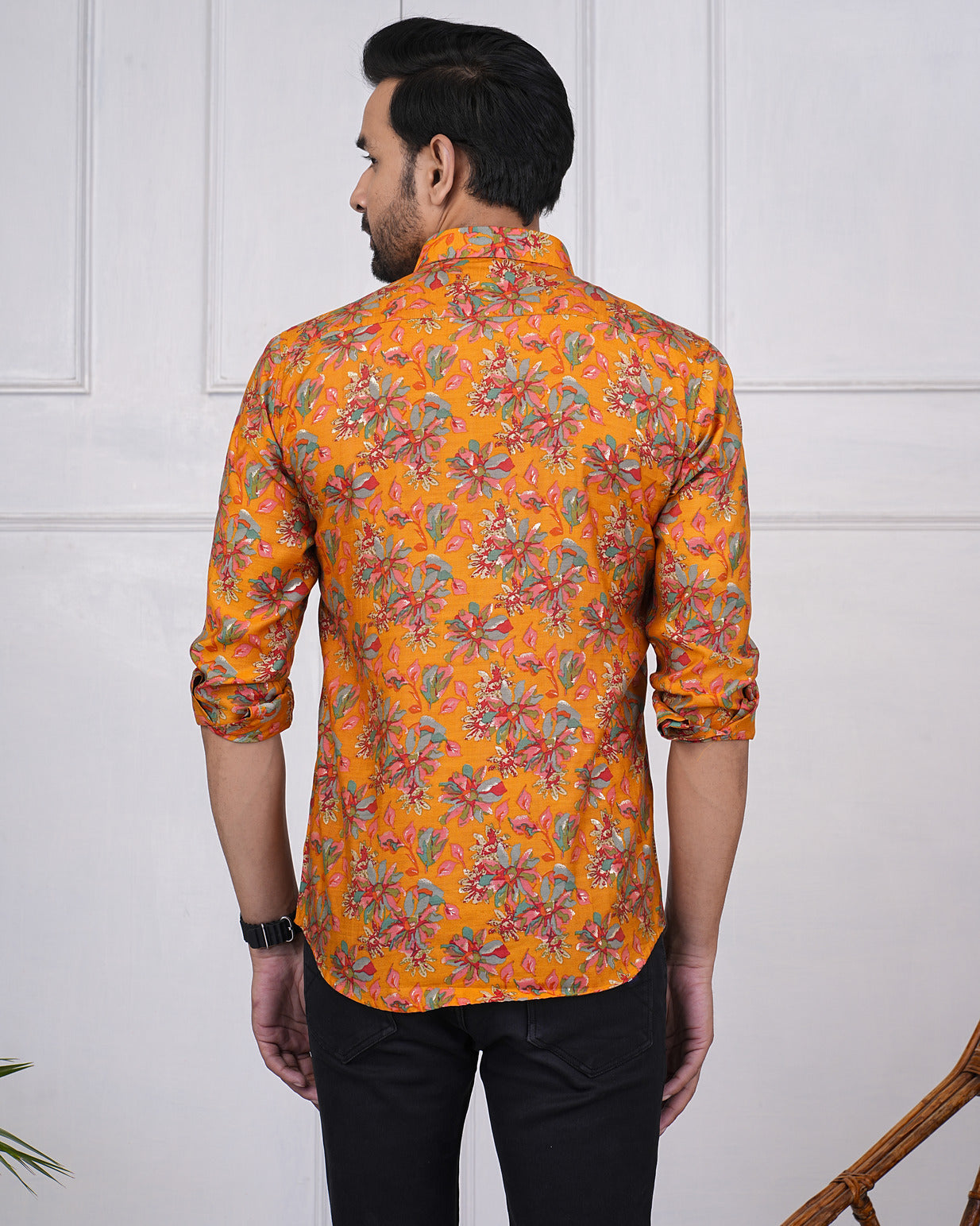 Turmeric With Gold Printed Floral Maslin Men's Shirt