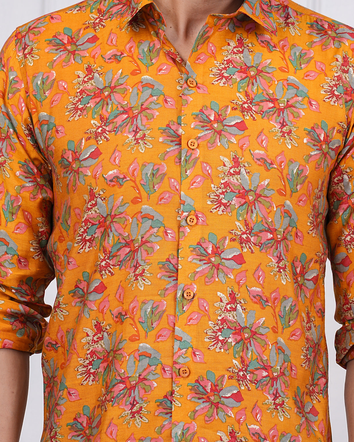 Turmeric With Gold Printed Floral Maslin Men's Shirt