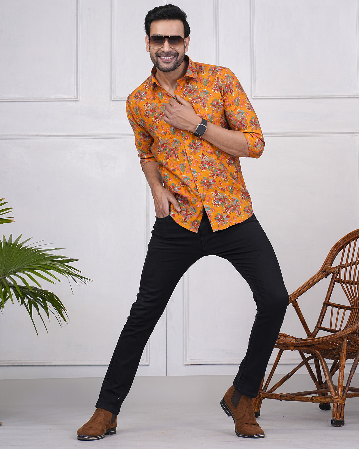 Turmeric With Gold Printed Floral Maslin Men's Shirt