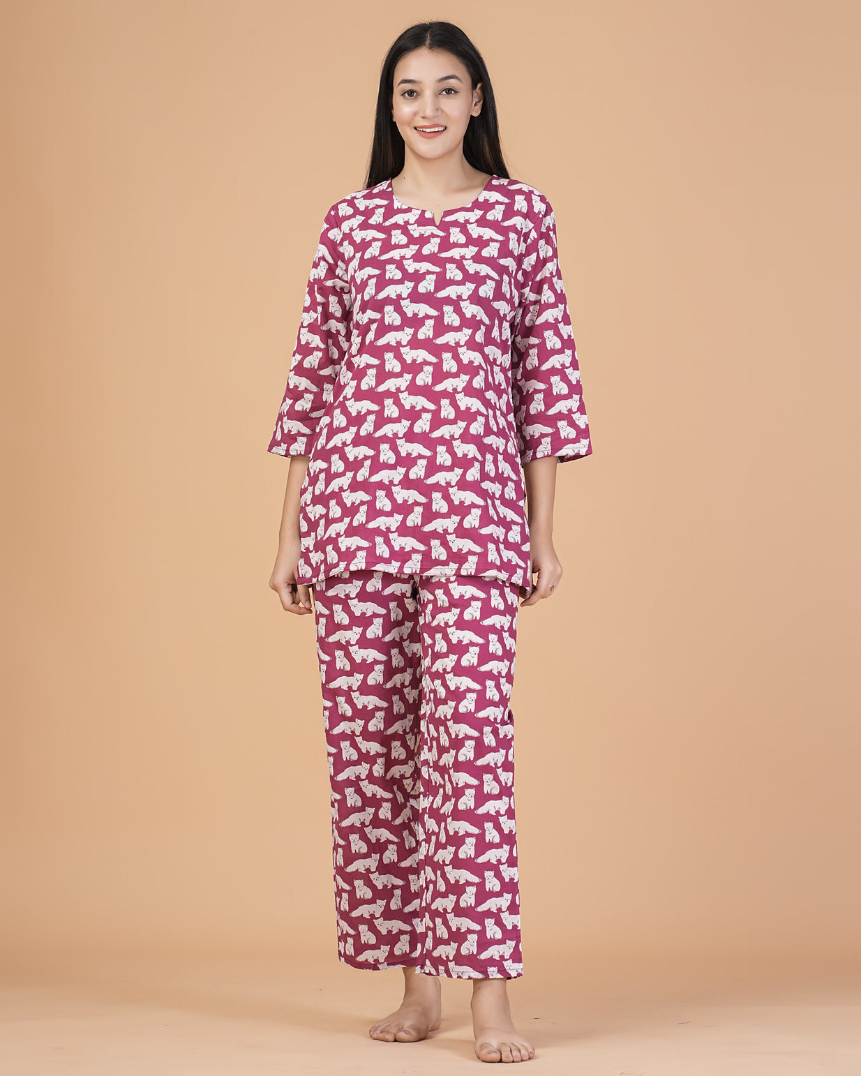Maroon With Animal Printed Cotton Night Suit