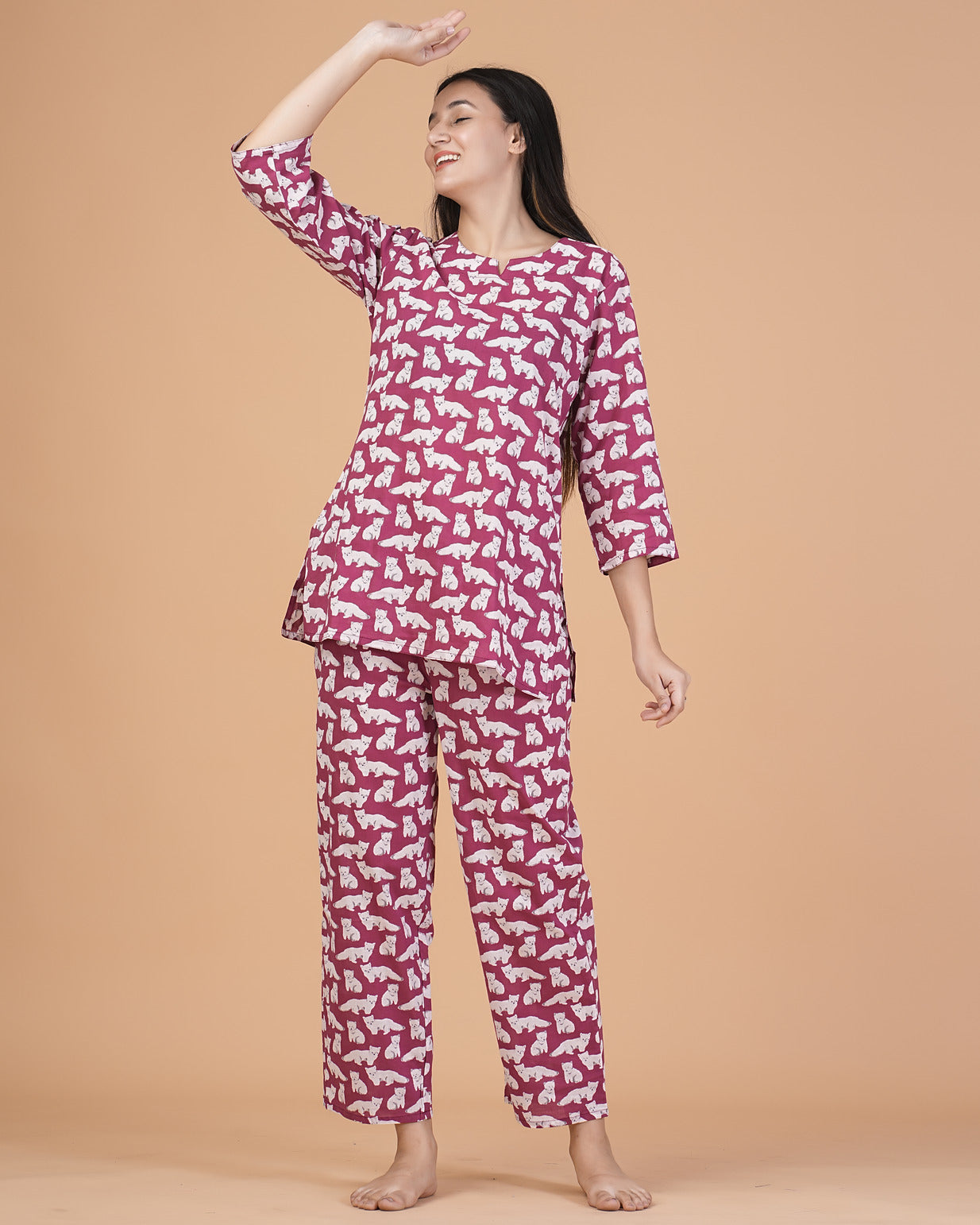 Maroon With Animal Printed Cotton Night Suit