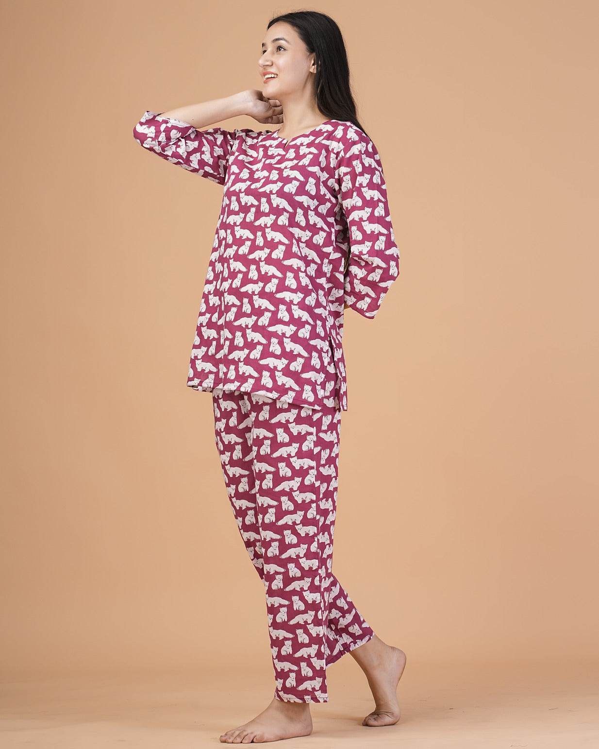 Maroon With Animal Printed Cotton Night Suit