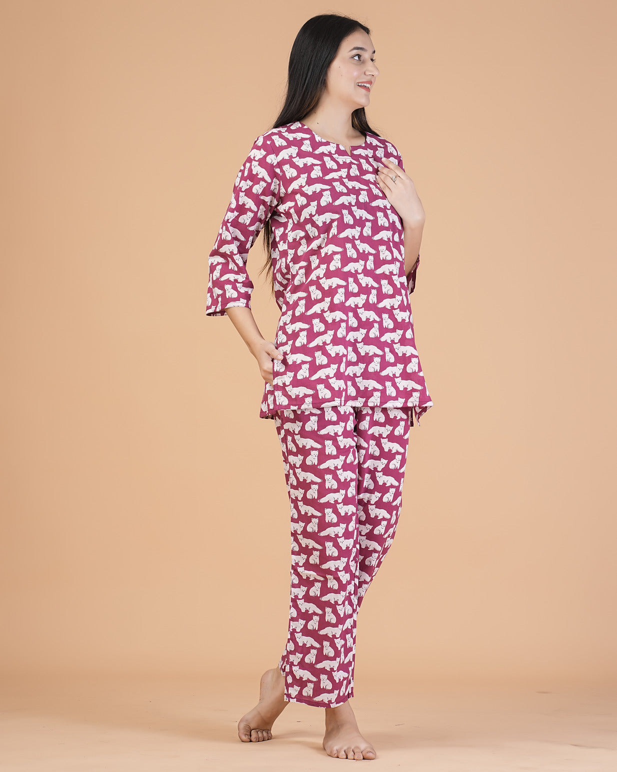 Maroon With Animal Printed Cotton Night Suit