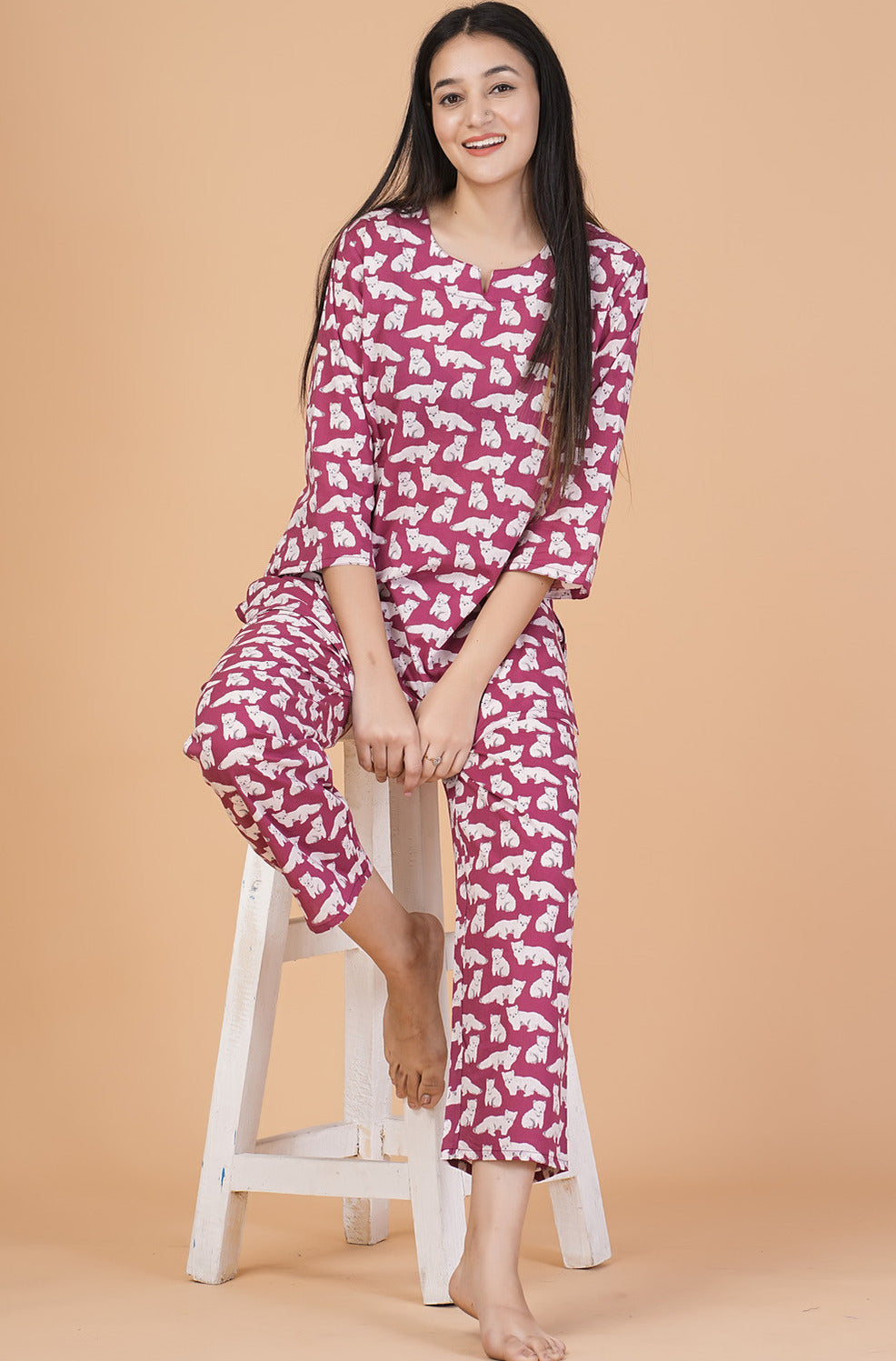 Maroon With Animal Printed Cotton Night Suit