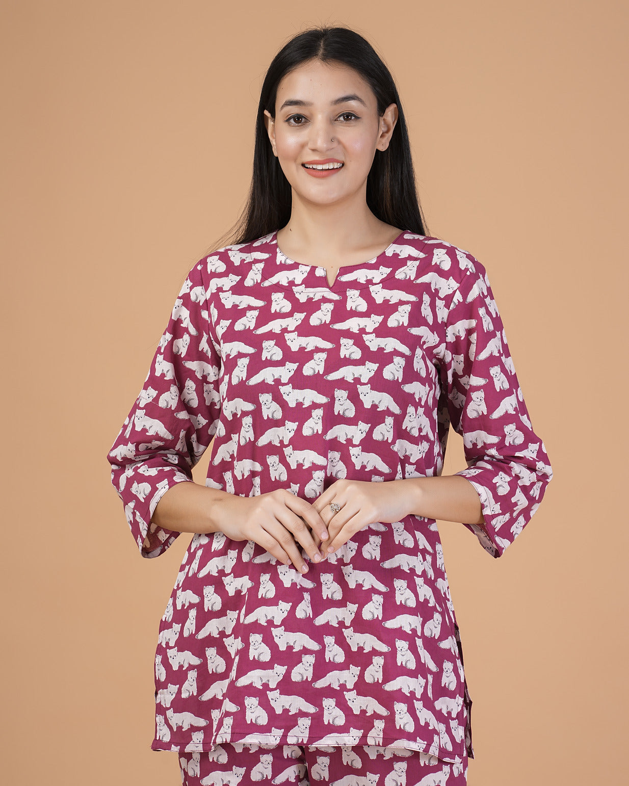Maroon With Animal Printed Cotton Night Suit