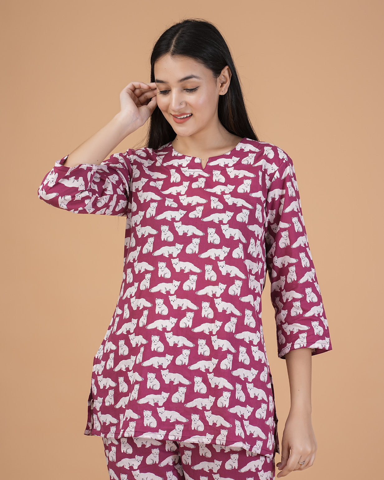 Maroon With Animal Printed Cotton Night Suit