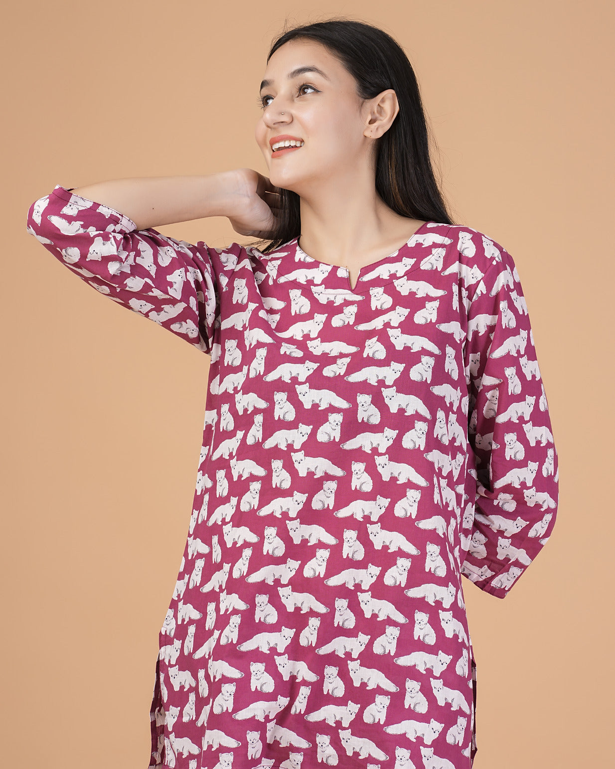 Maroon With Animal Printed Cotton Night Suit