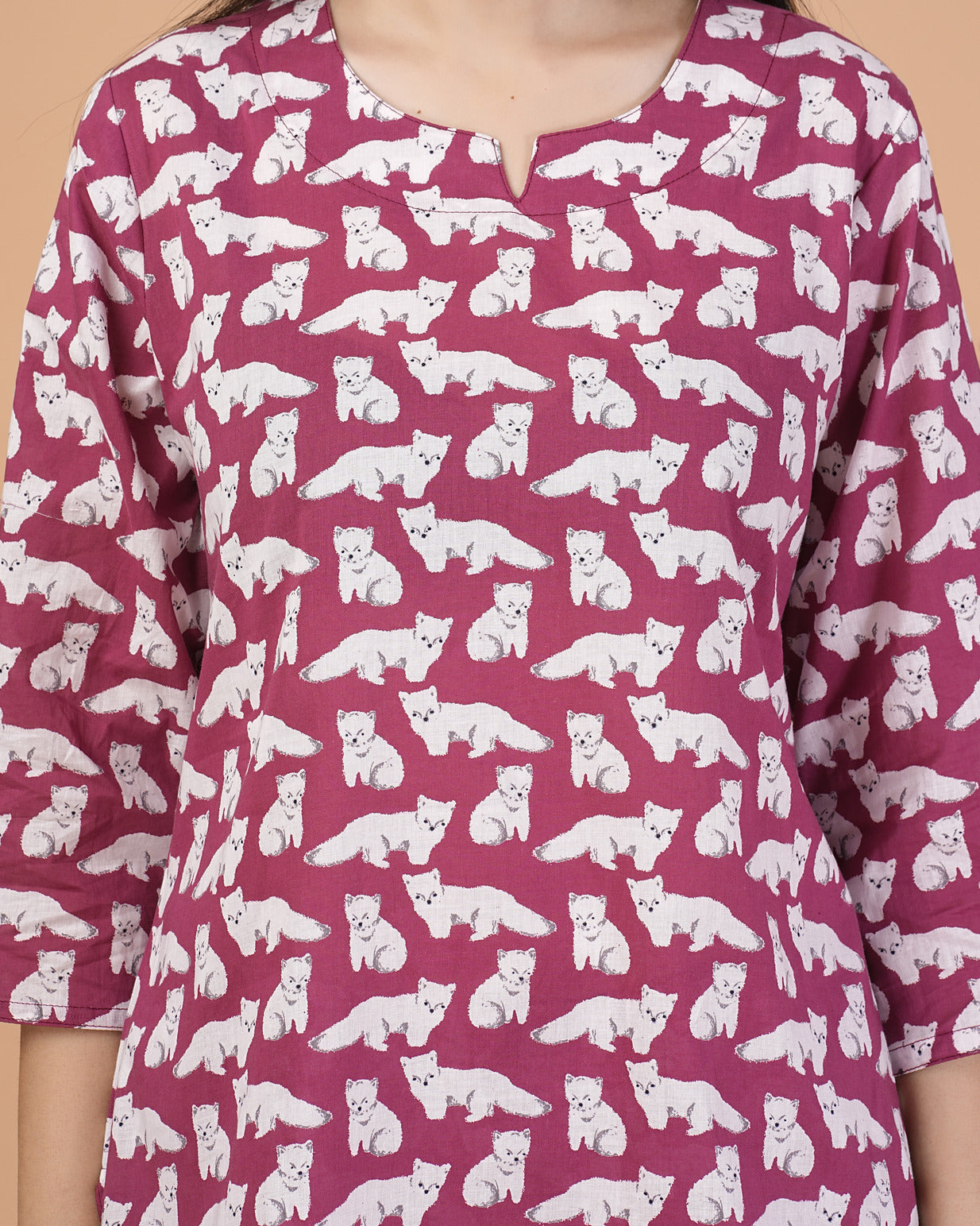 Maroon With Animal Printed Cotton Night Suit