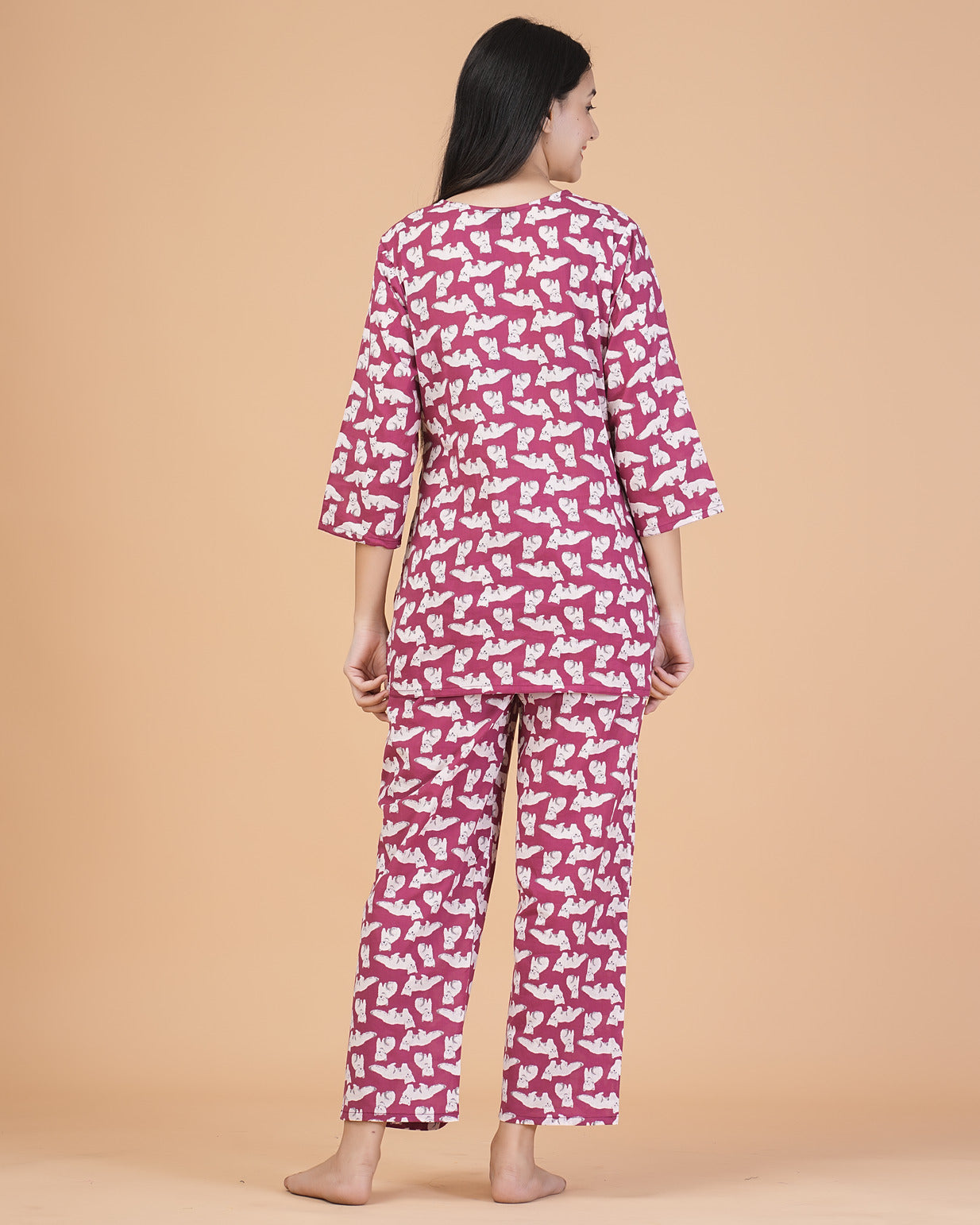 Maroon With Animal Printed Cotton Night Suit