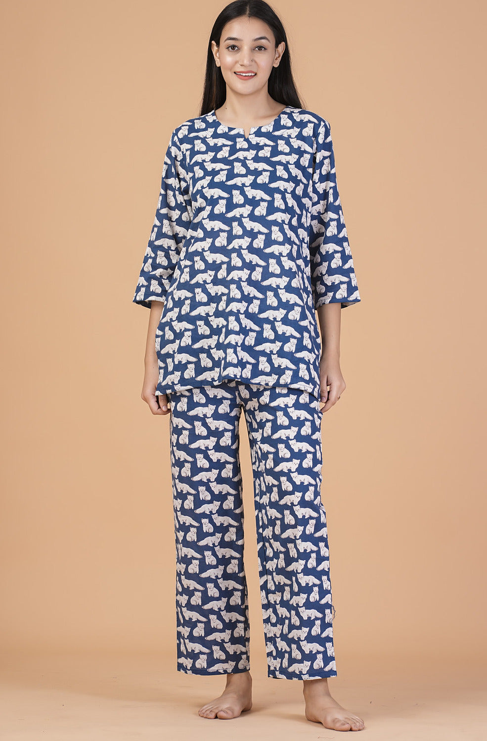 Blue With Animal Printed Cotton Night Suit