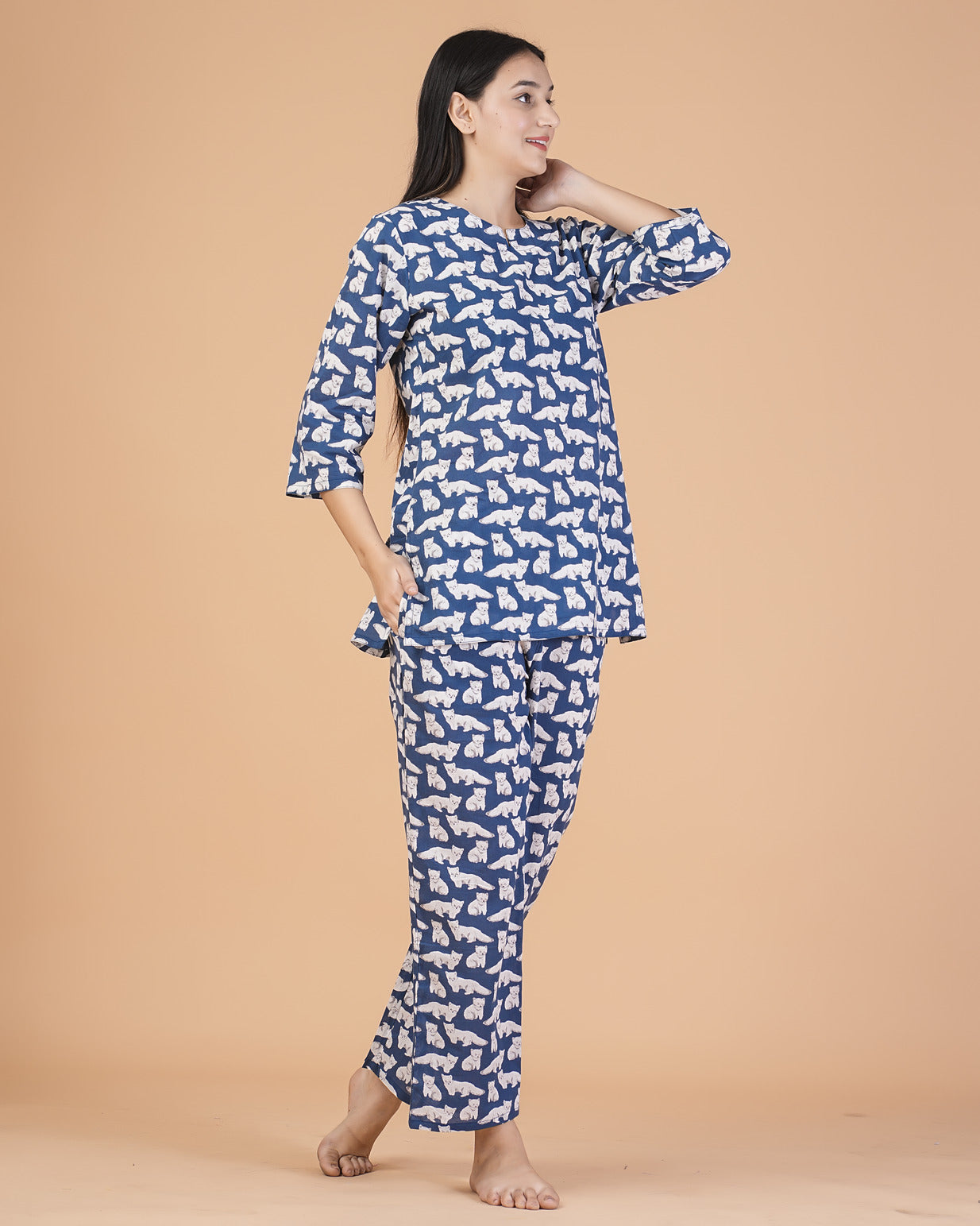Blue With Animal Printed Cotton Night Suit