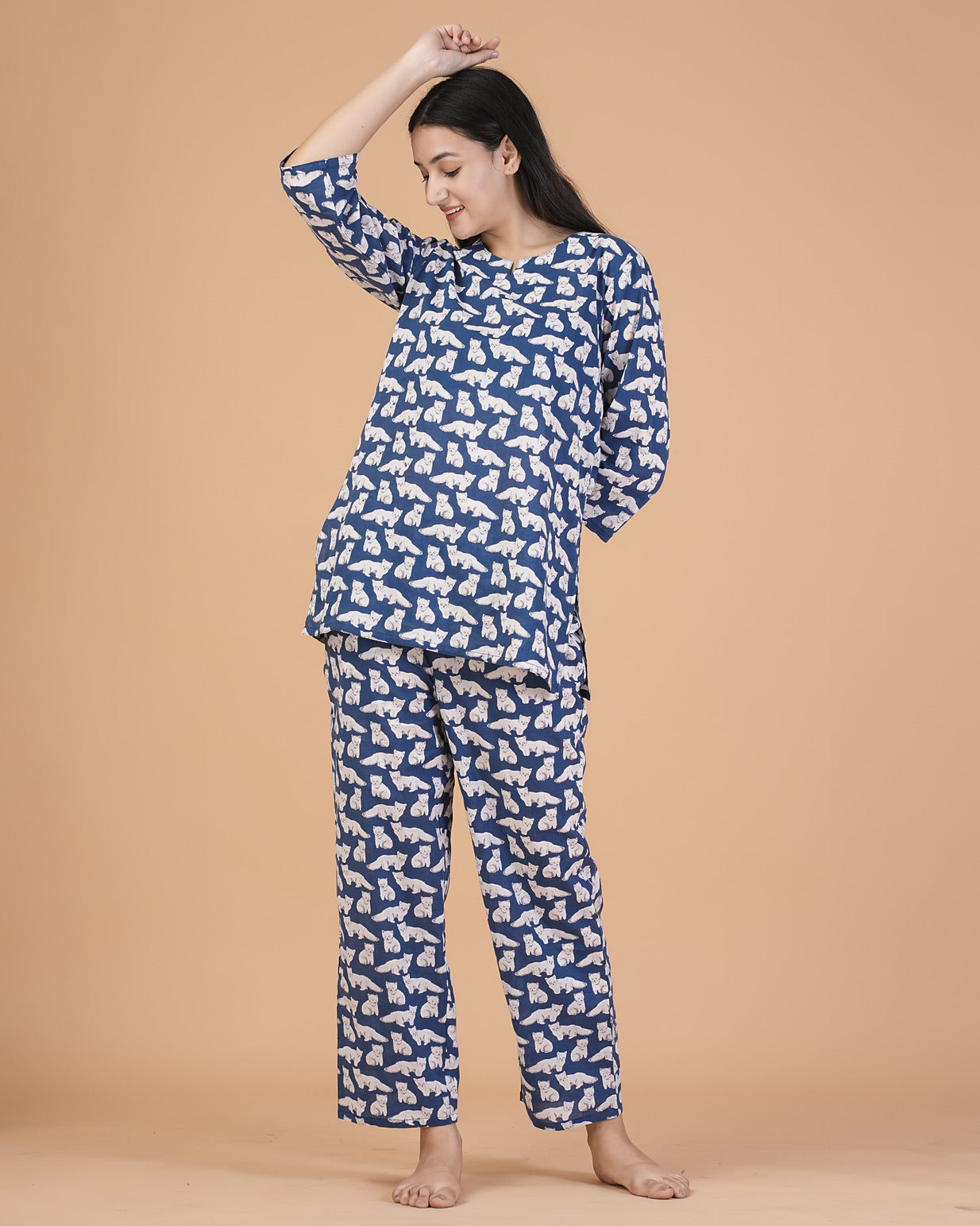 Blue With Animal Printed Cotton Night Suit