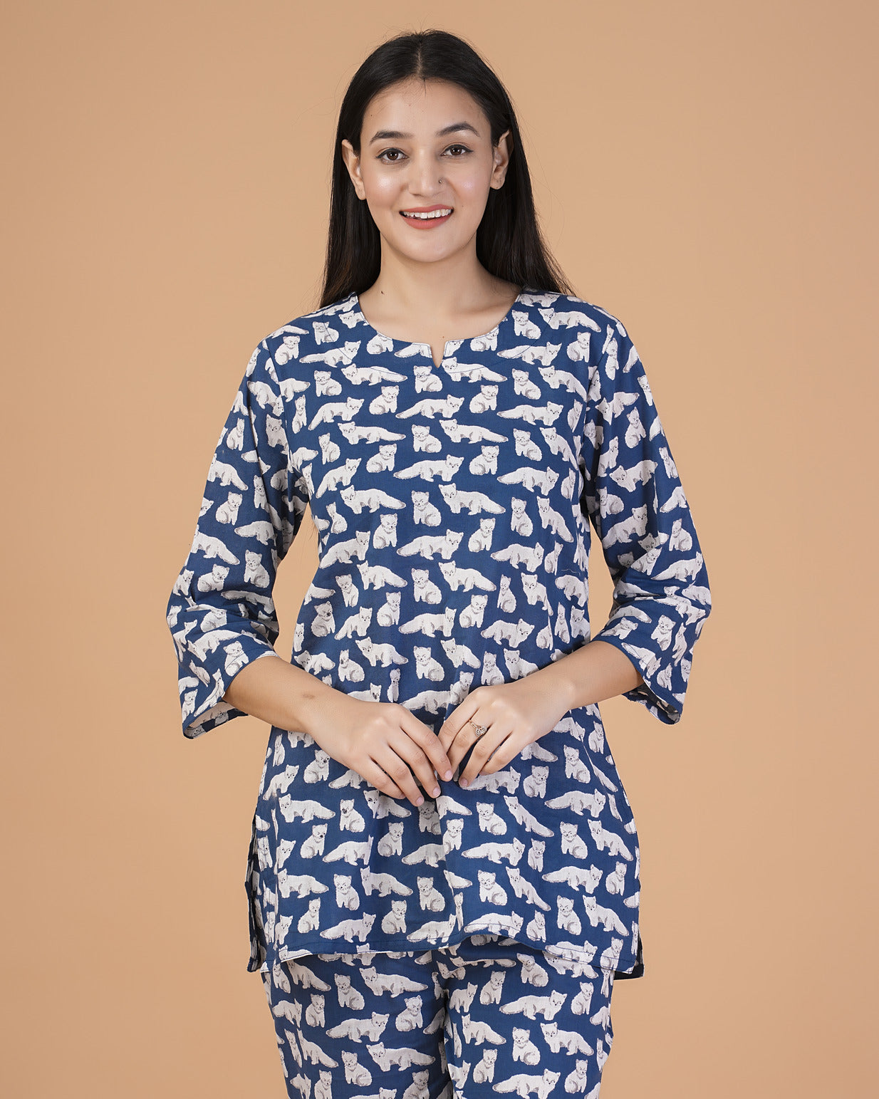 Blue With Animal Printed Cotton Night Suit