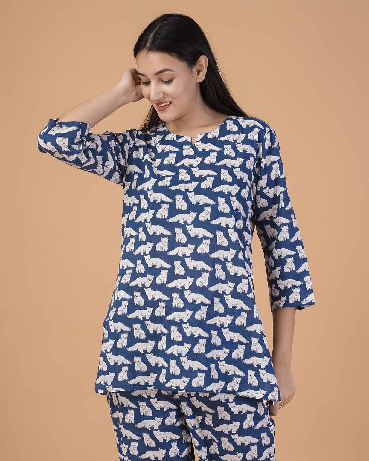 Blue With Animal Printed Cotton Night Suit