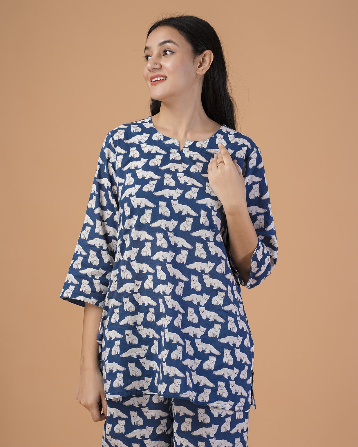 Blue With Animal Printed Cotton Night Suit