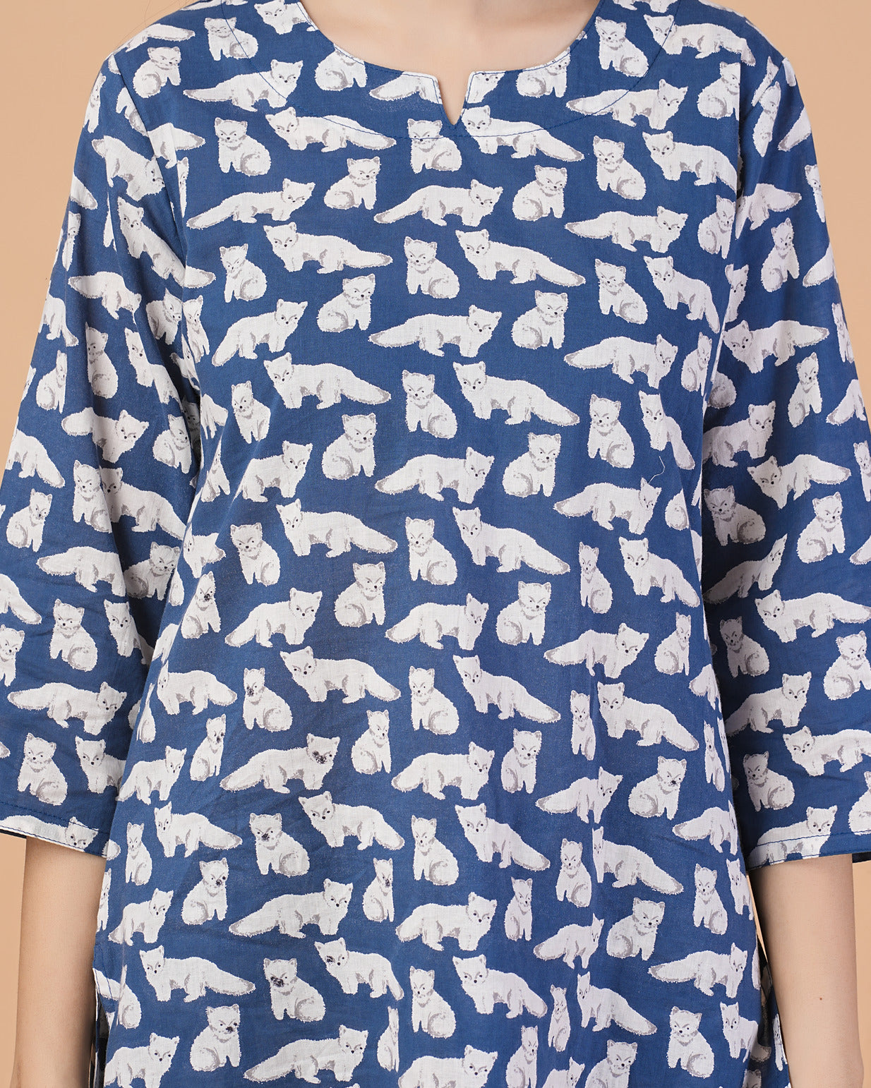 Blue With Animal Printed Cotton Night Suit