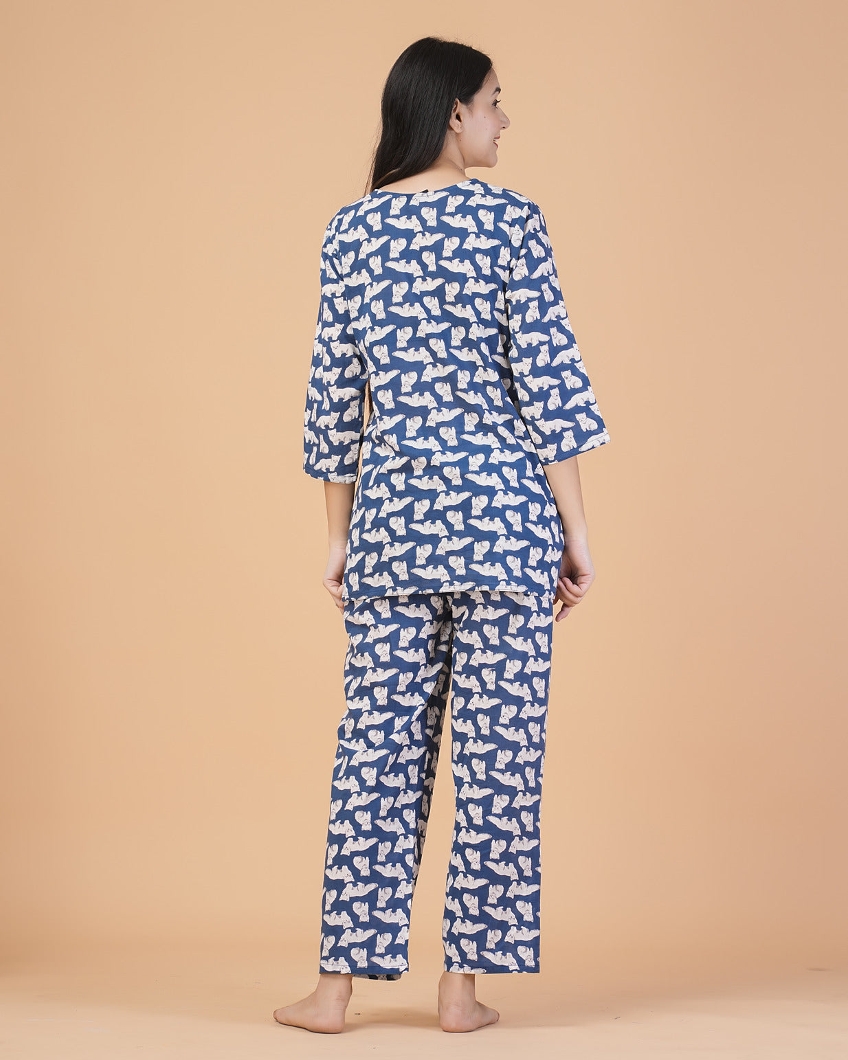 Blue With Animal Printed Cotton Night Suit