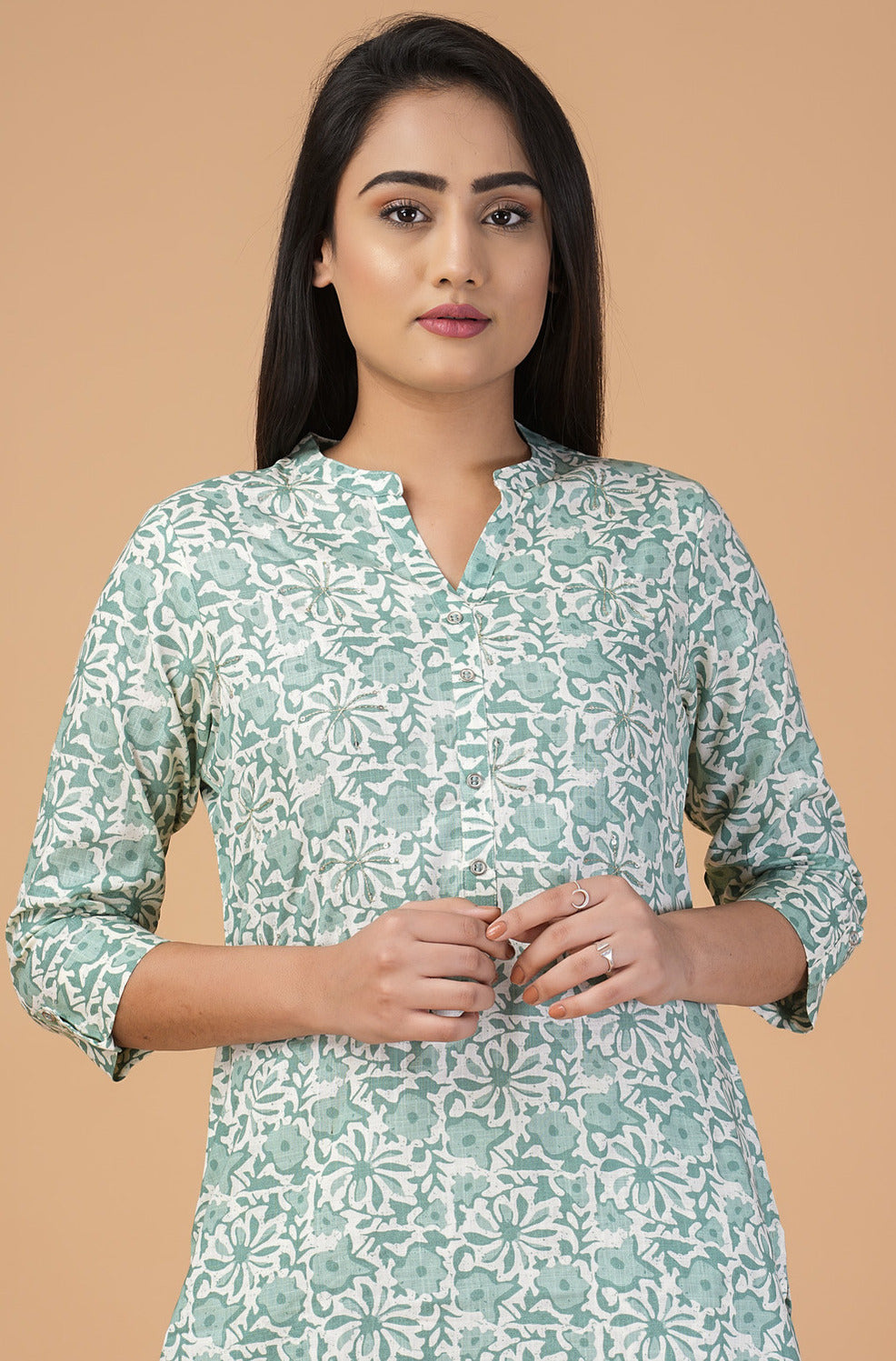 Pastel Green Floral Printed with Silver Embroidery Cotton Kurti Set