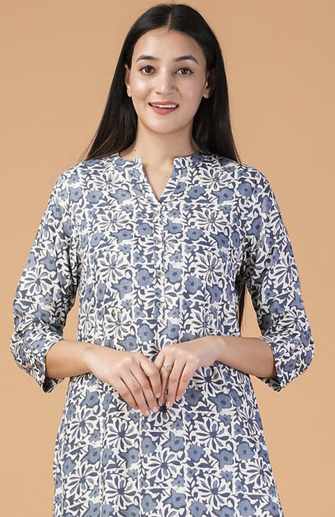 Blue Floral Printed with Silver Embroidery Cotton Kurti Set