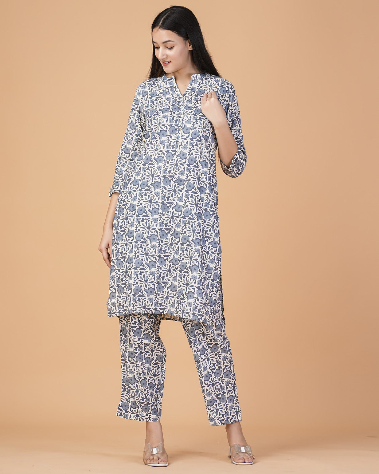 Blue Floral Printed with Silver Embroidery Cotton Kurti Set