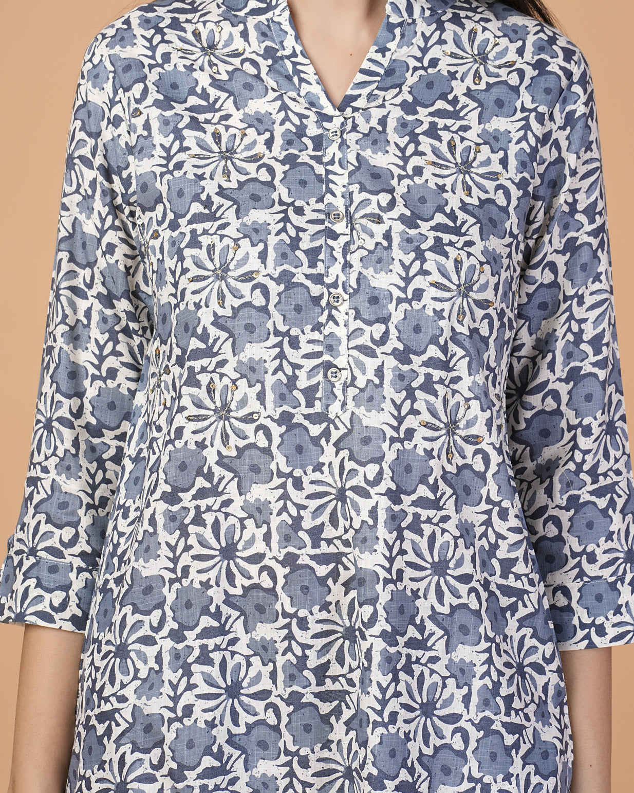 Blue Floral Printed with Silver Embroidery Cotton Kurti Set