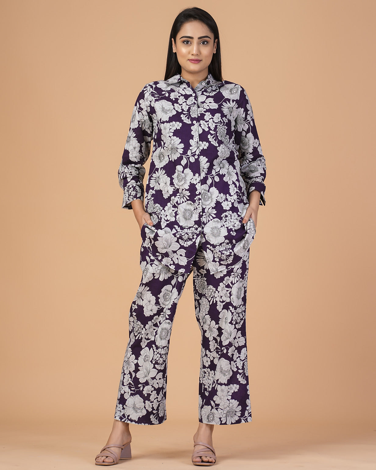 Purple Floral Collar Cotton Co-ord Set