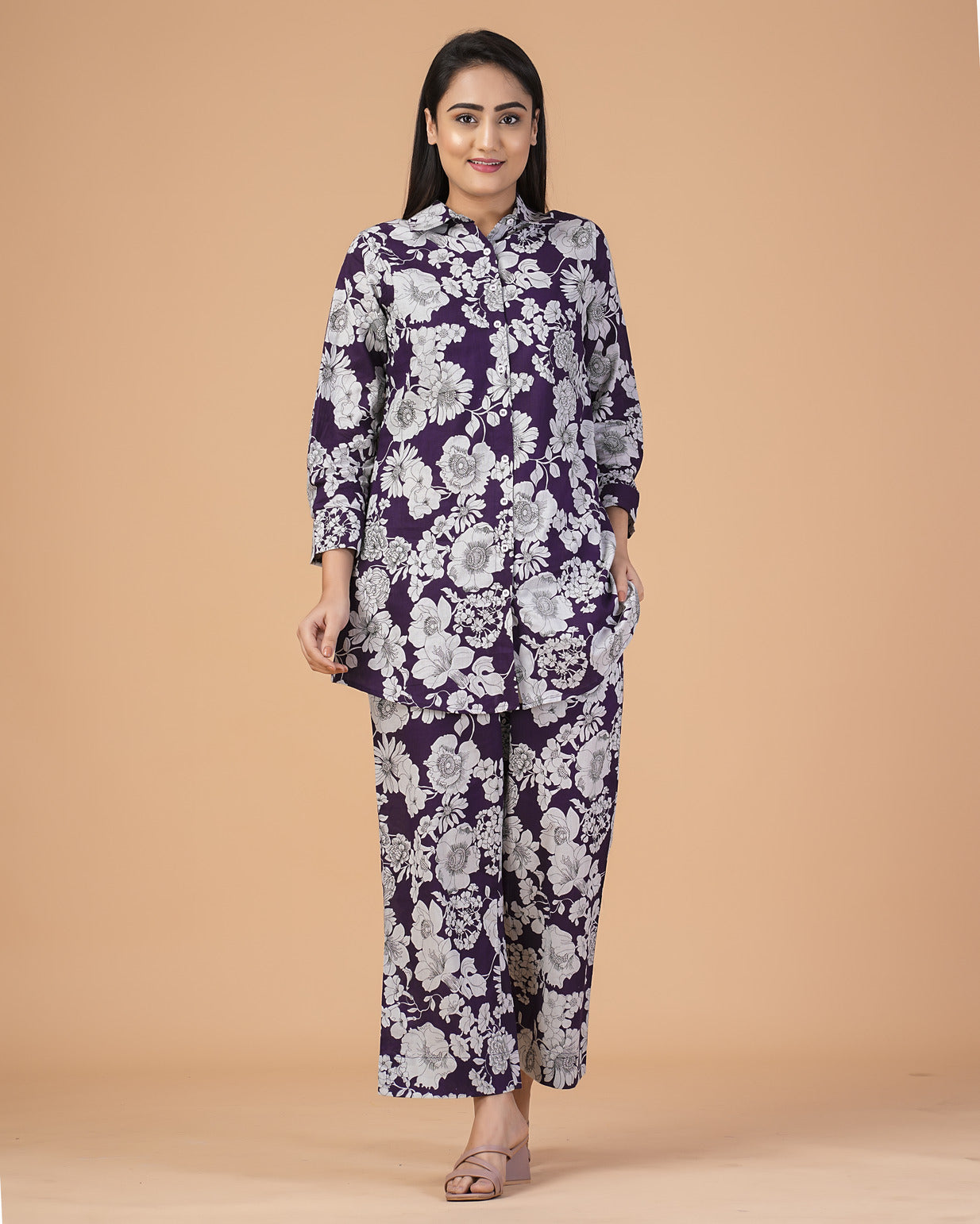 Purple Floral Collar Cotton Co-ord Set