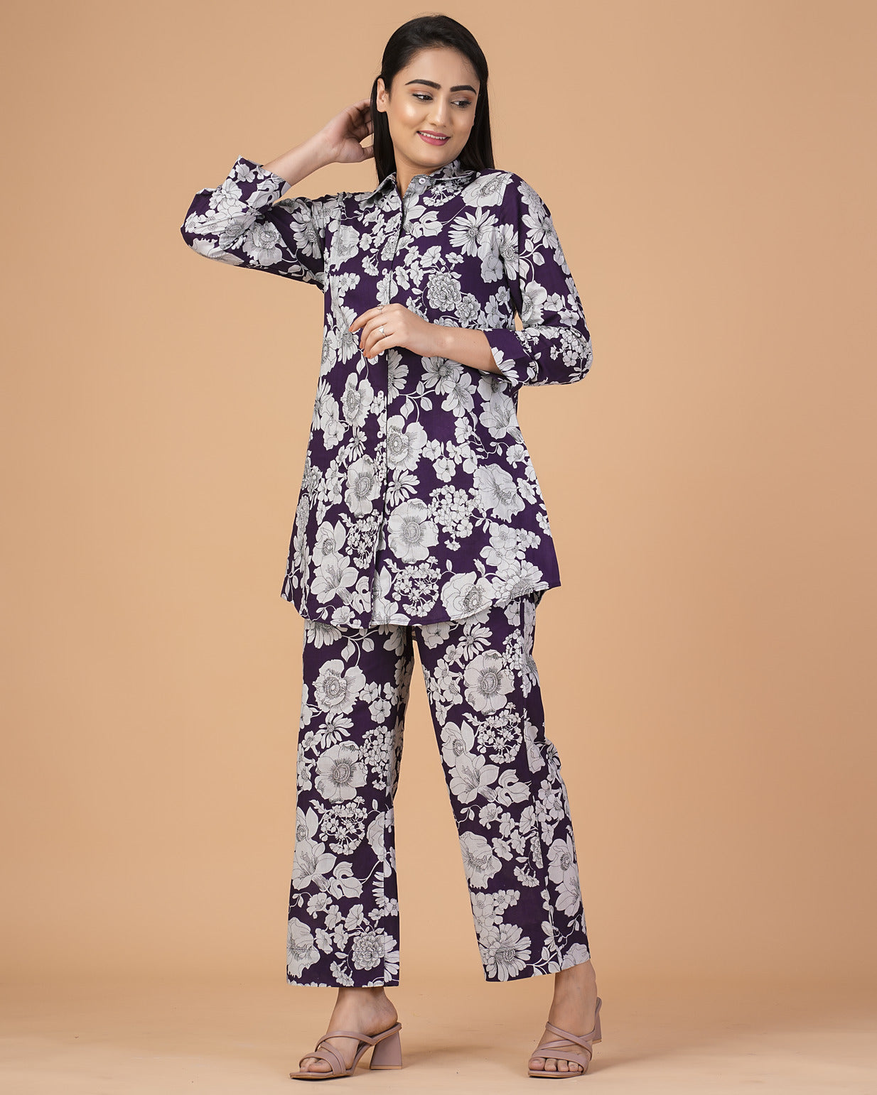Purple Floral Collar Cotton Co-ord Set