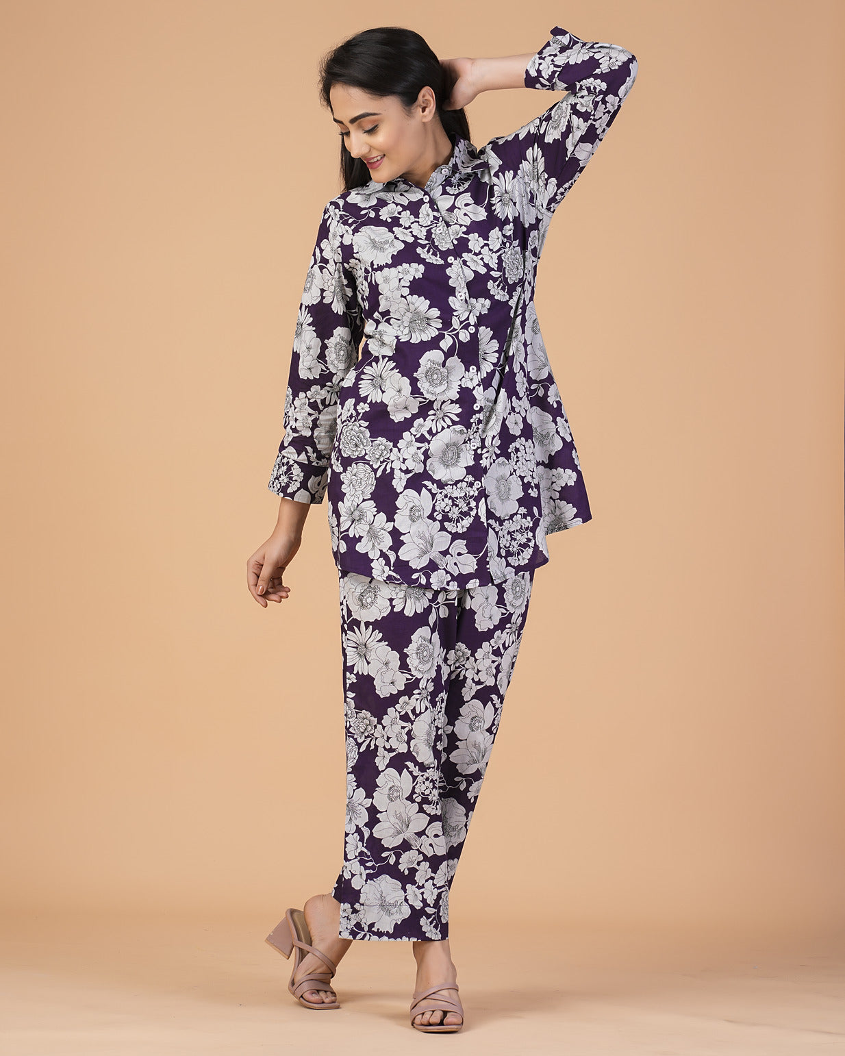 Purple Floral Collar Cotton Co-ord Set