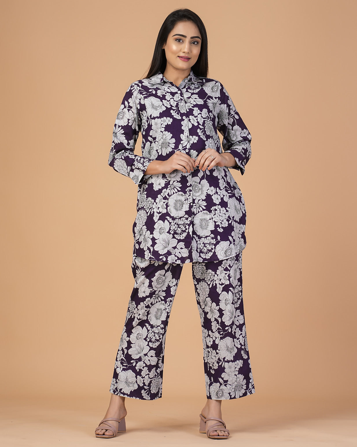 Purple Floral Collar Cotton Co-ord Set