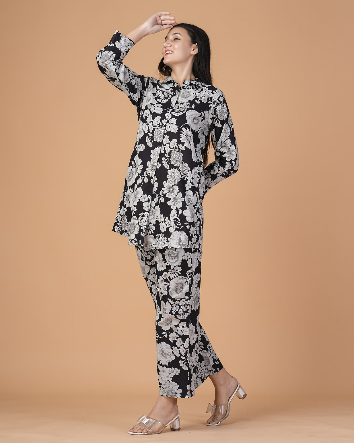 Black and Grey Floral Collar Muslin Co-ord Set