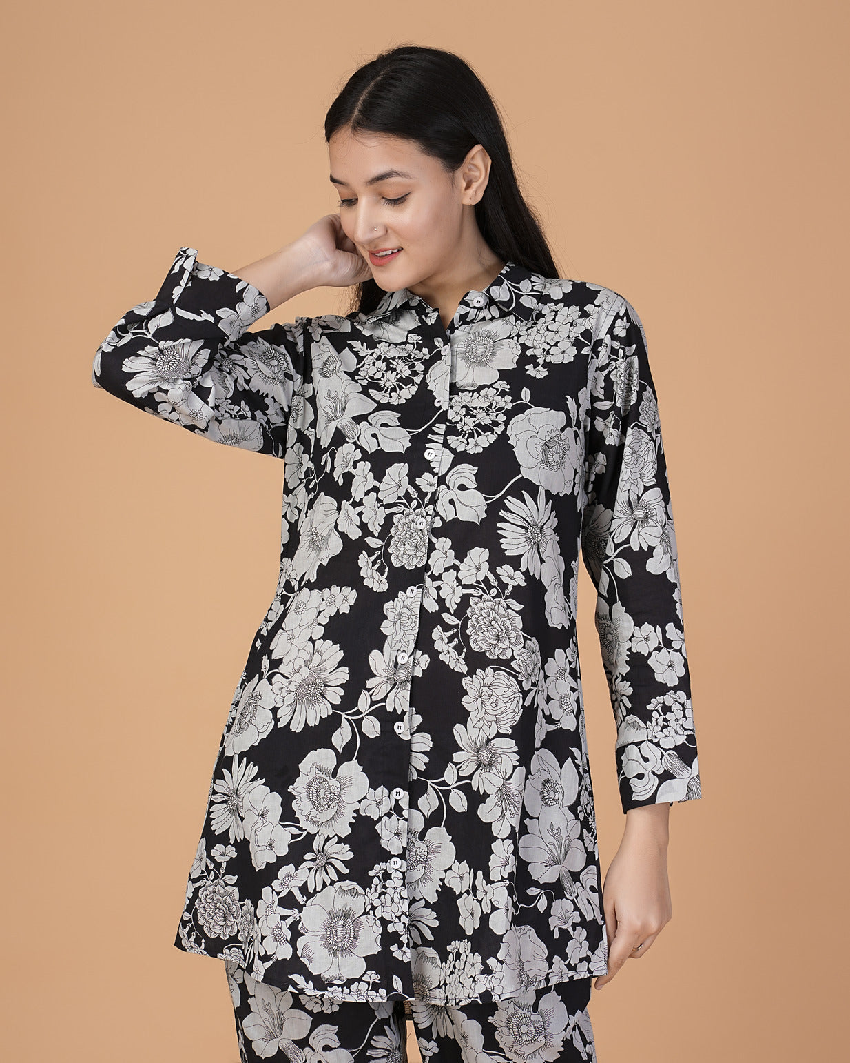 Black and Grey Floral Collar Muslin Co-ord Set