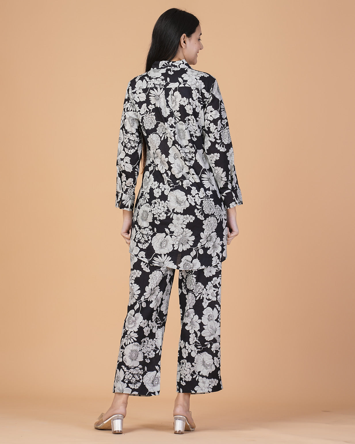 Black and Grey Floral Collar Muslin Co-ord Set