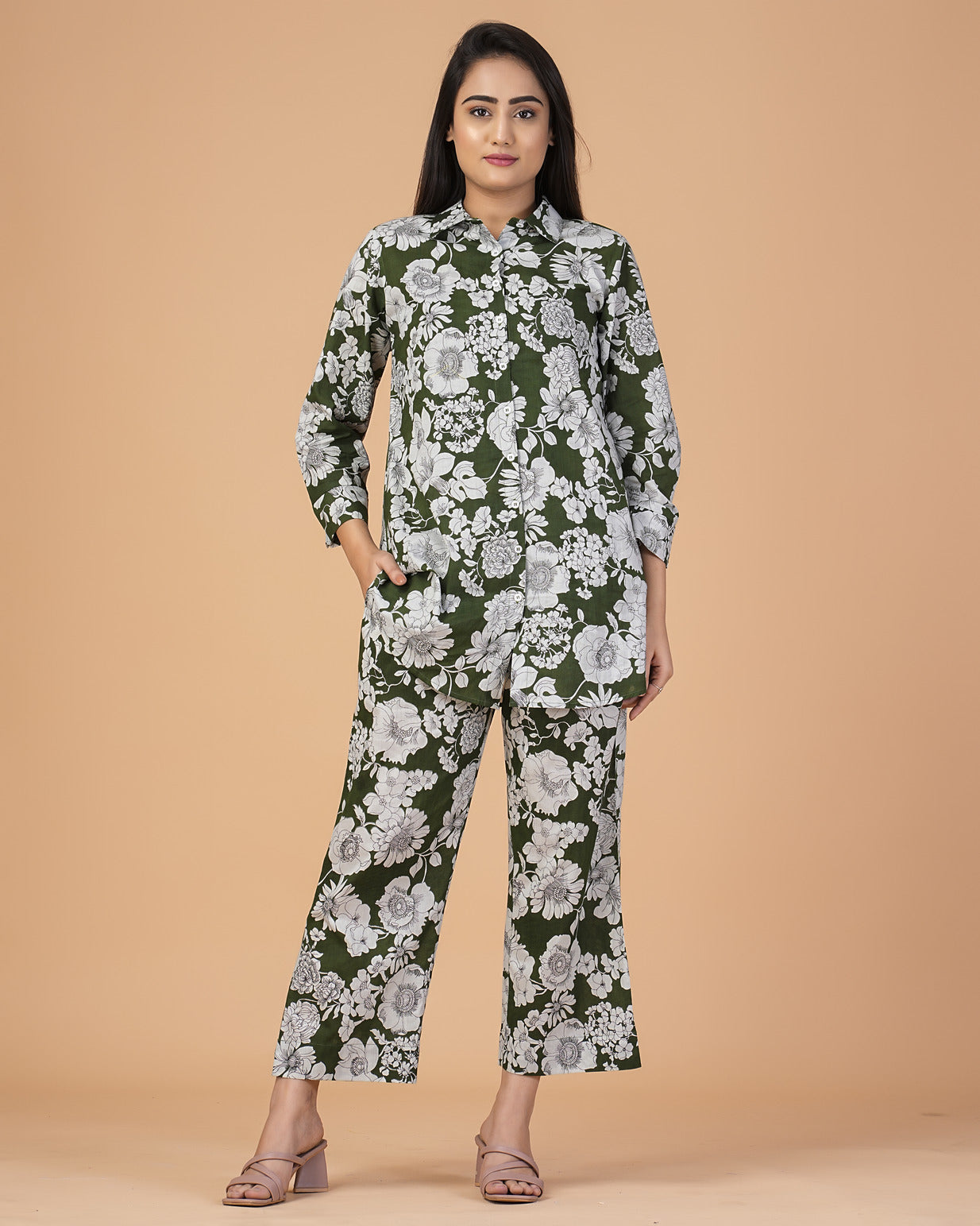 Green Floral Collar Cotton Co-ord Set