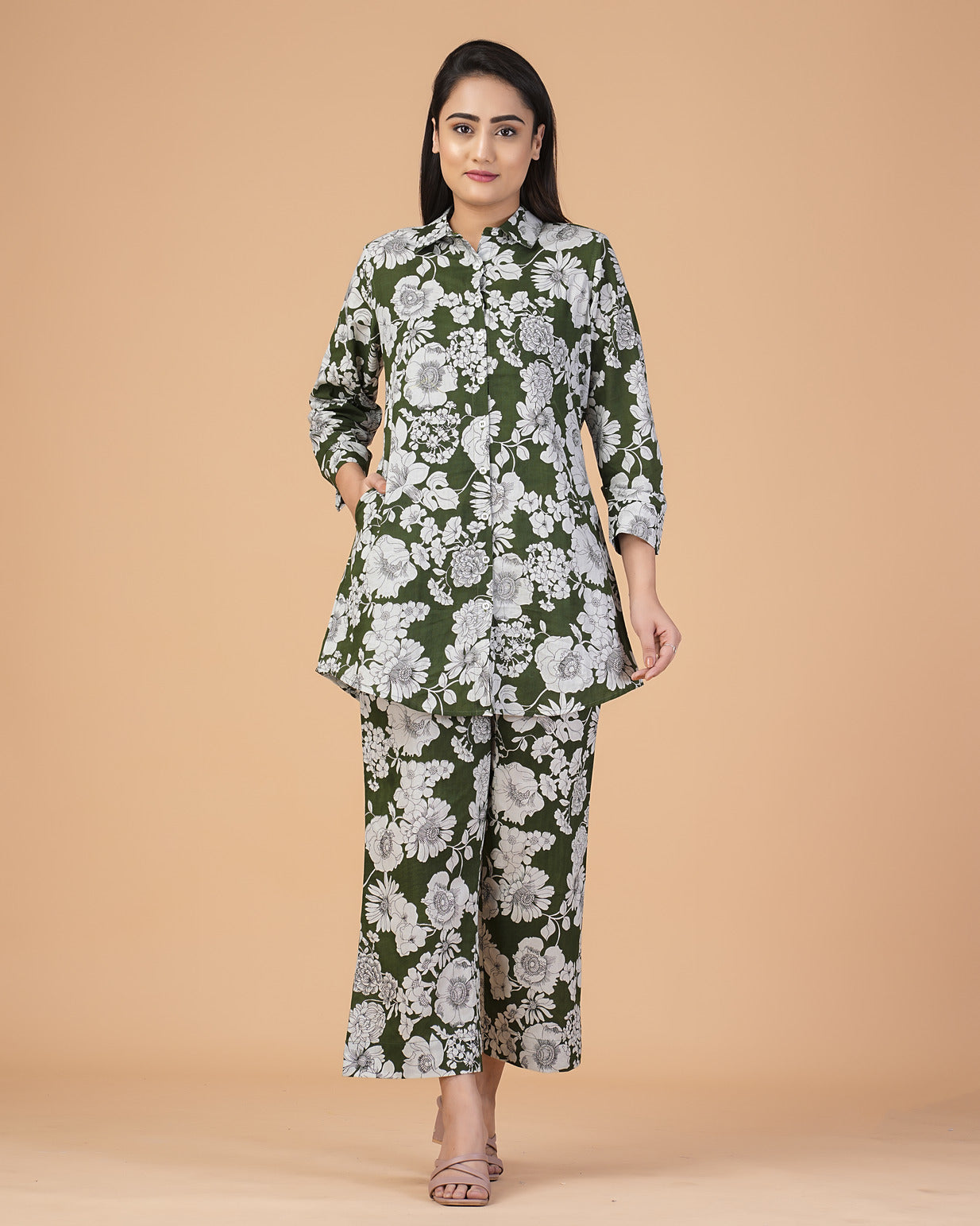 Green Floral Collar Cotton Co-ord Set