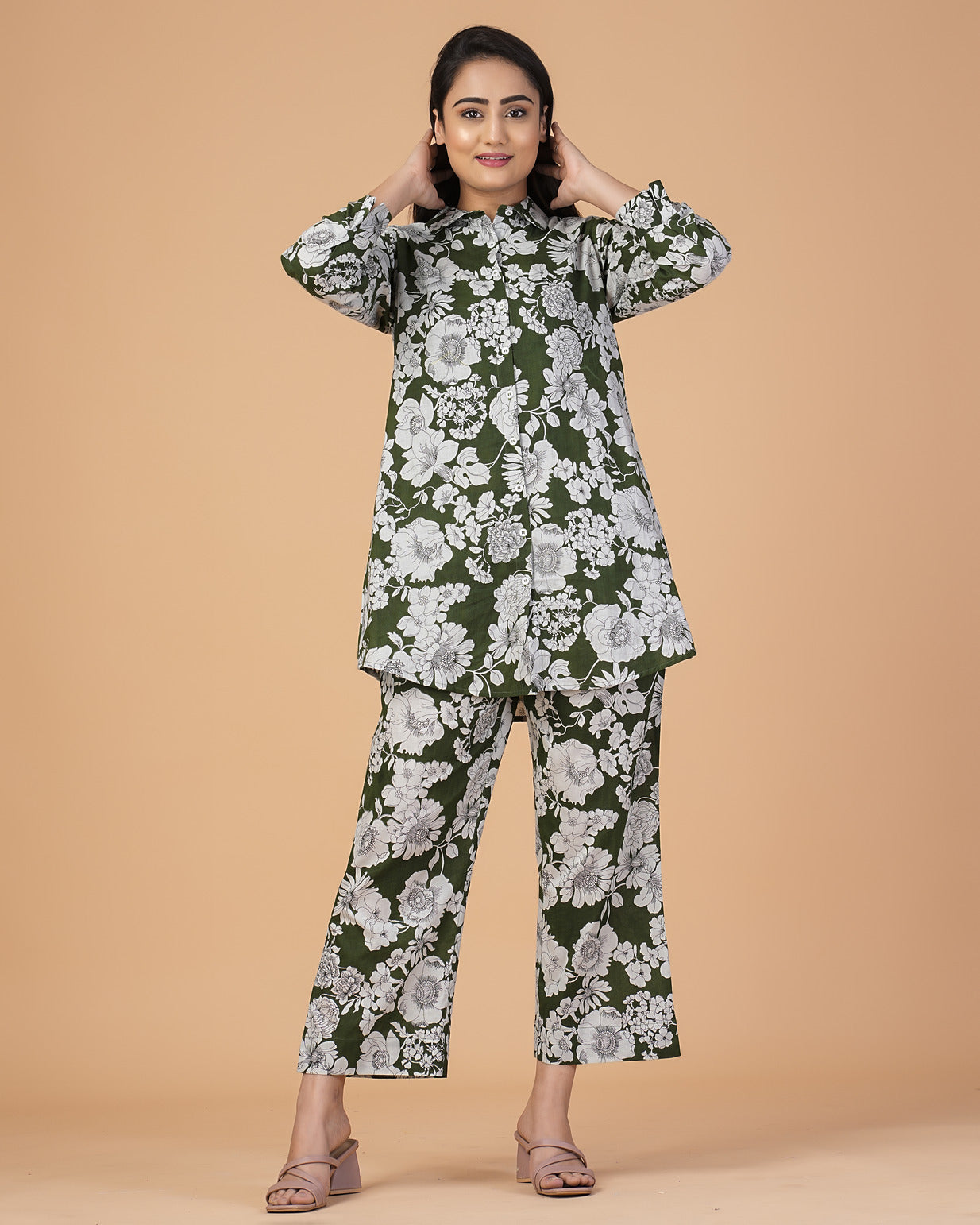 Green Floral Collar Cotton Co-ord Set