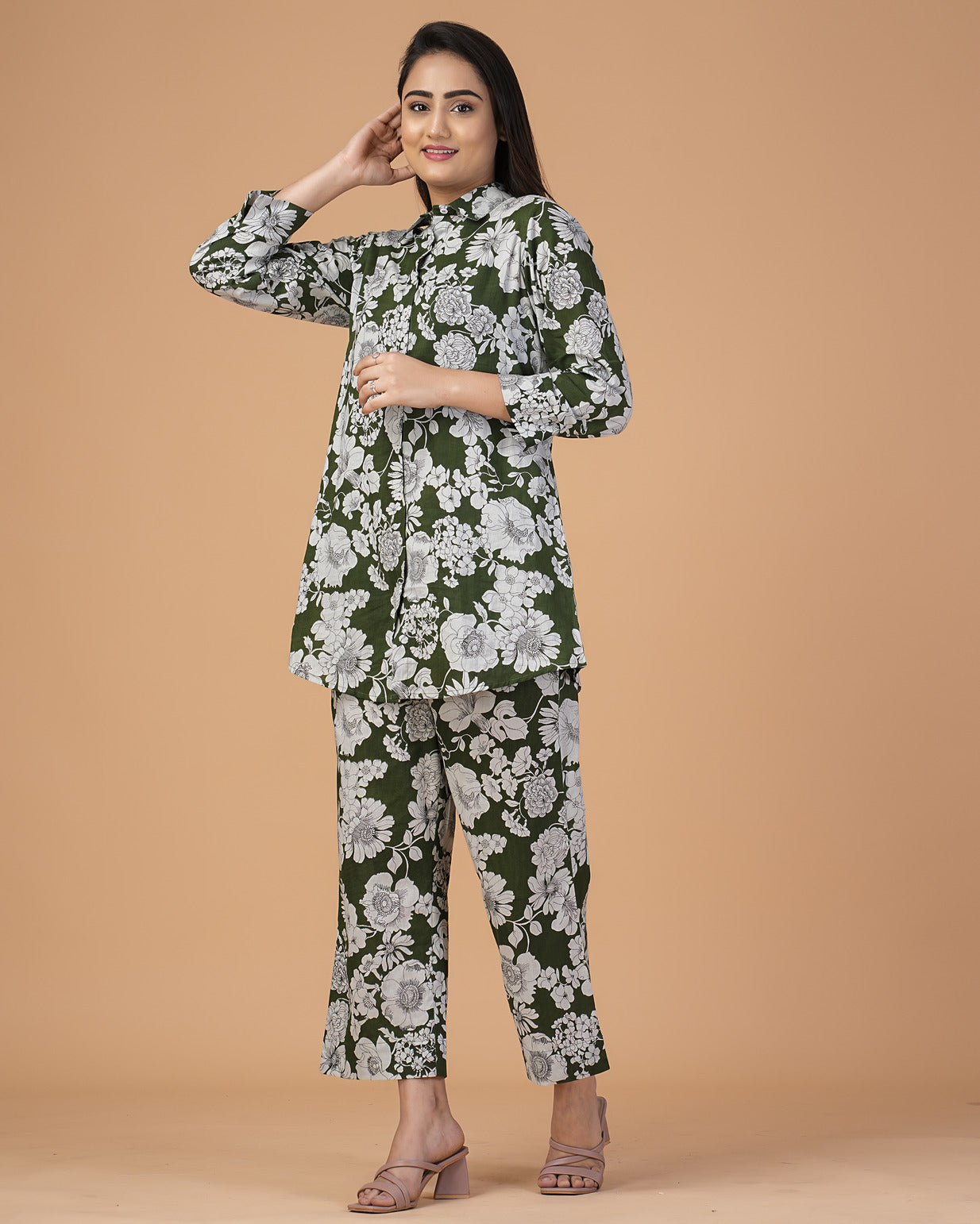 Green Floral Collar Cotton Co-ord Set