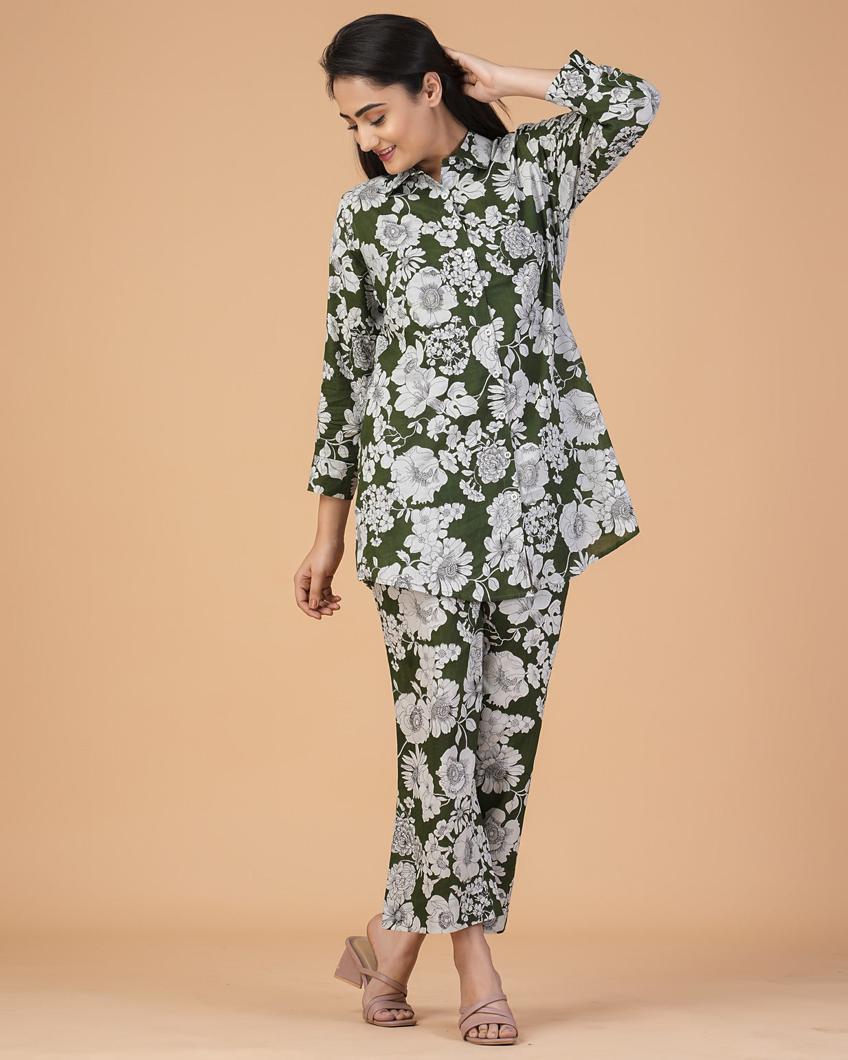 Green Floral Collar Cotton Co-ord Set