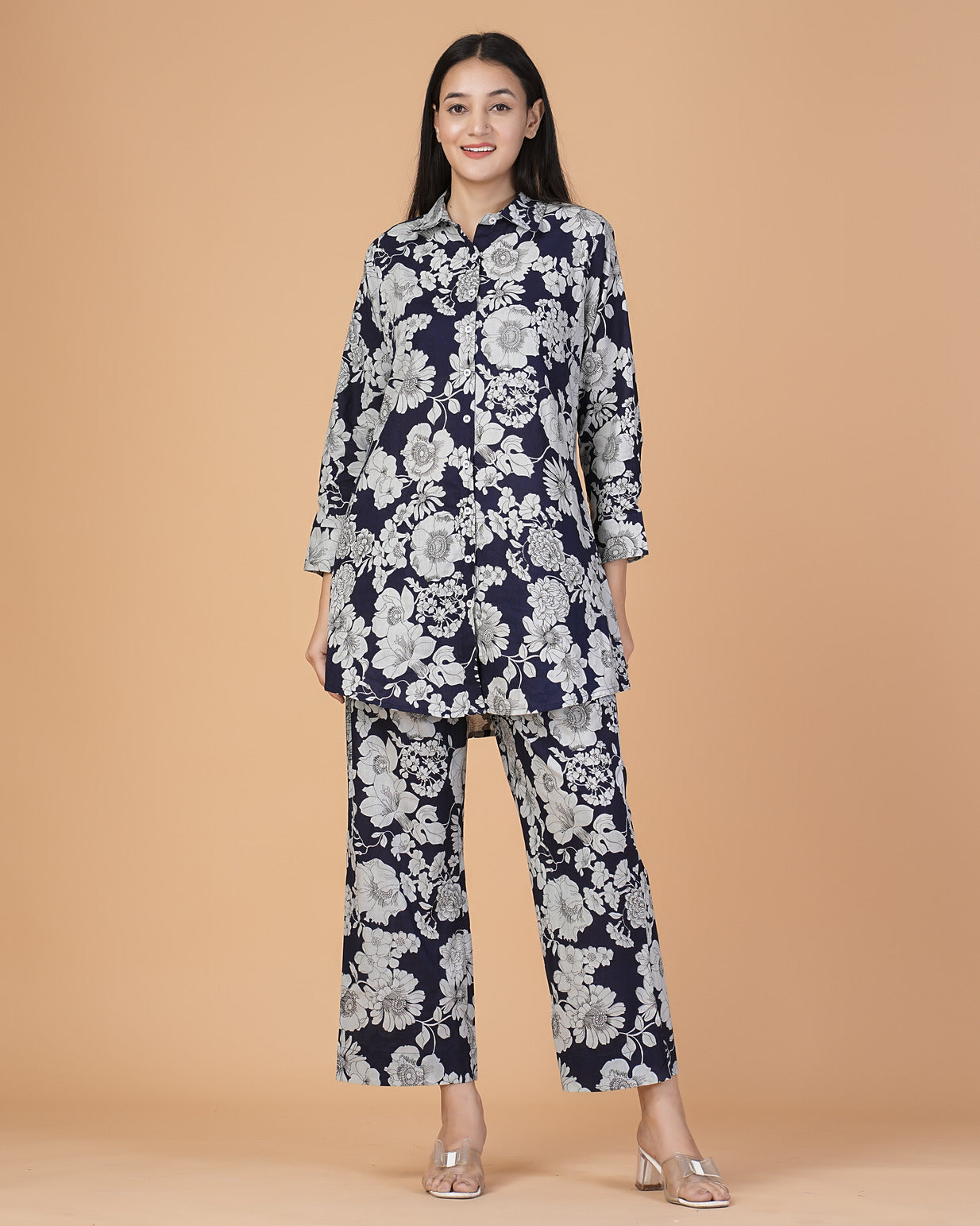 Blue Floral Collar Cotton Co-ord Set