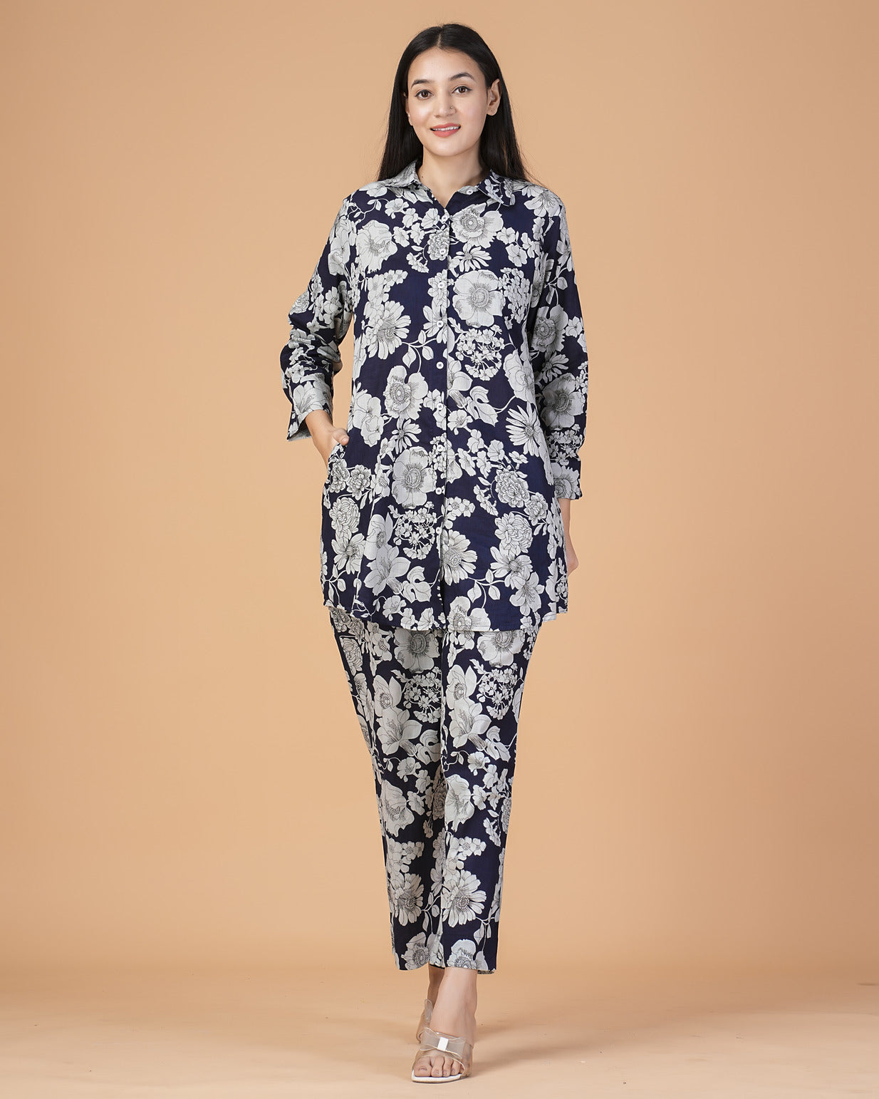 Blue Floral Collar Cotton Co-ord Set