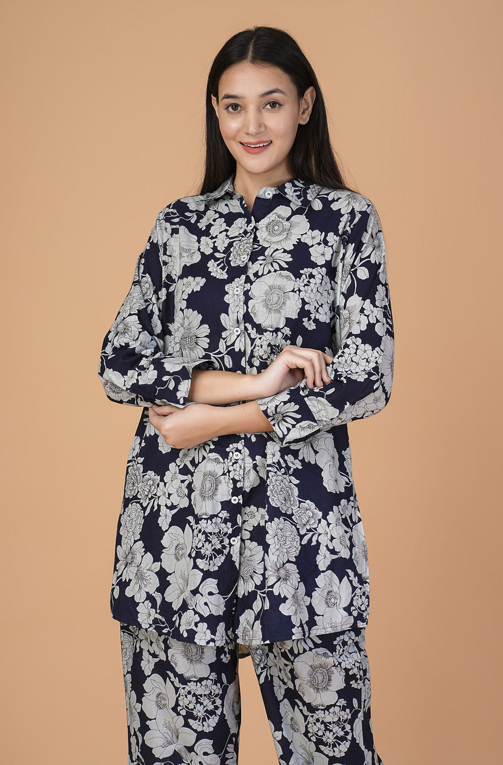 Blue Floral Collar Cotton Co-ord Set
