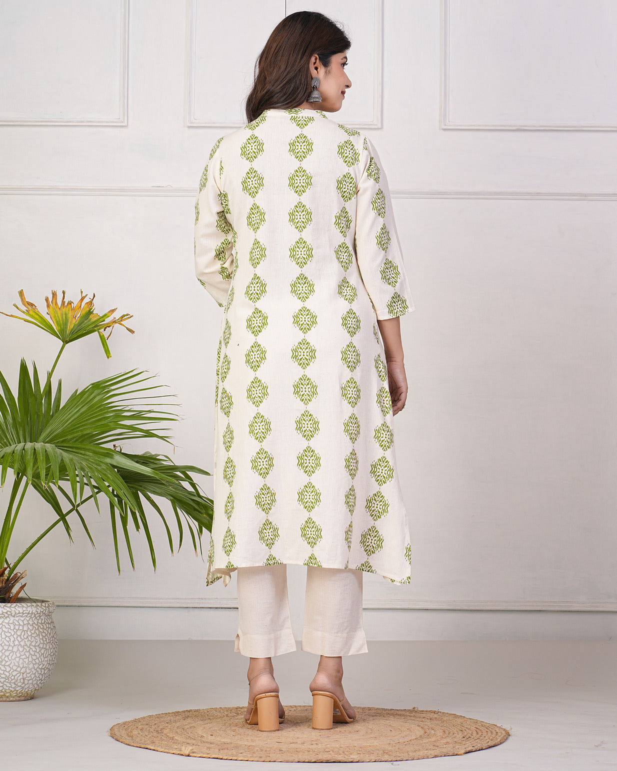 White With Green Block Printed Cotton Kurti
