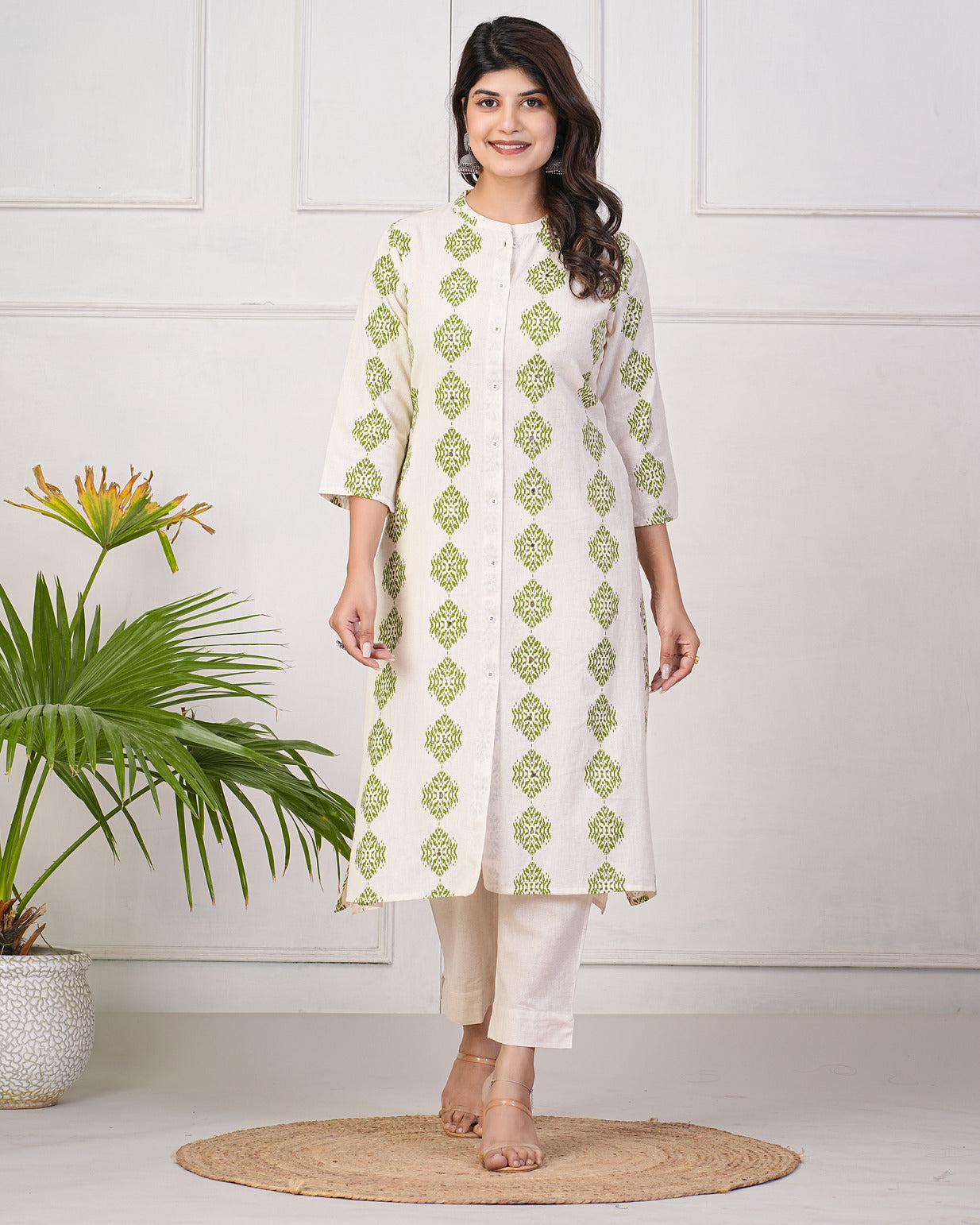 White With Green Block Printed Cotton Kurti